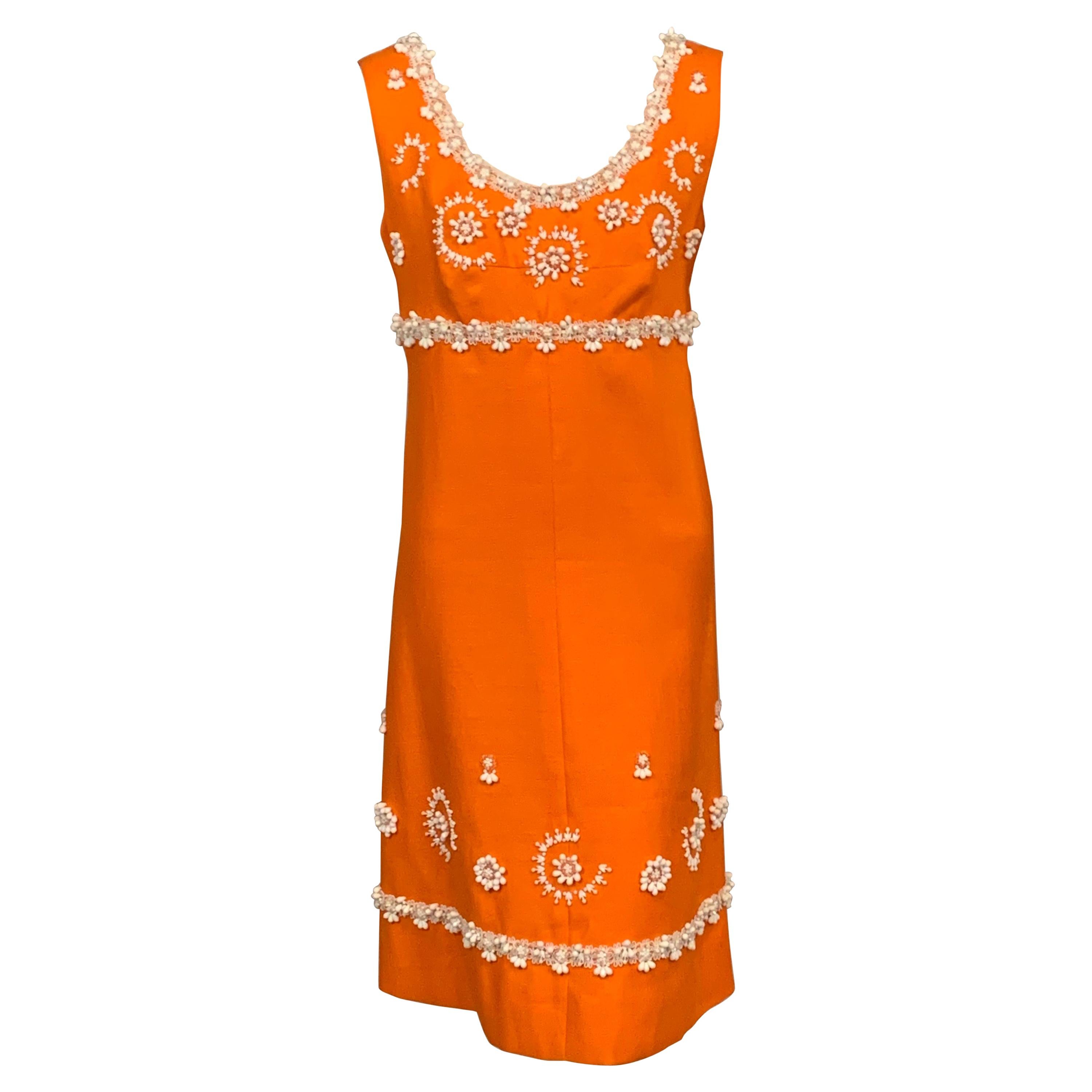 1960's Orange Linen Dress with White Beadwork and Passementerie