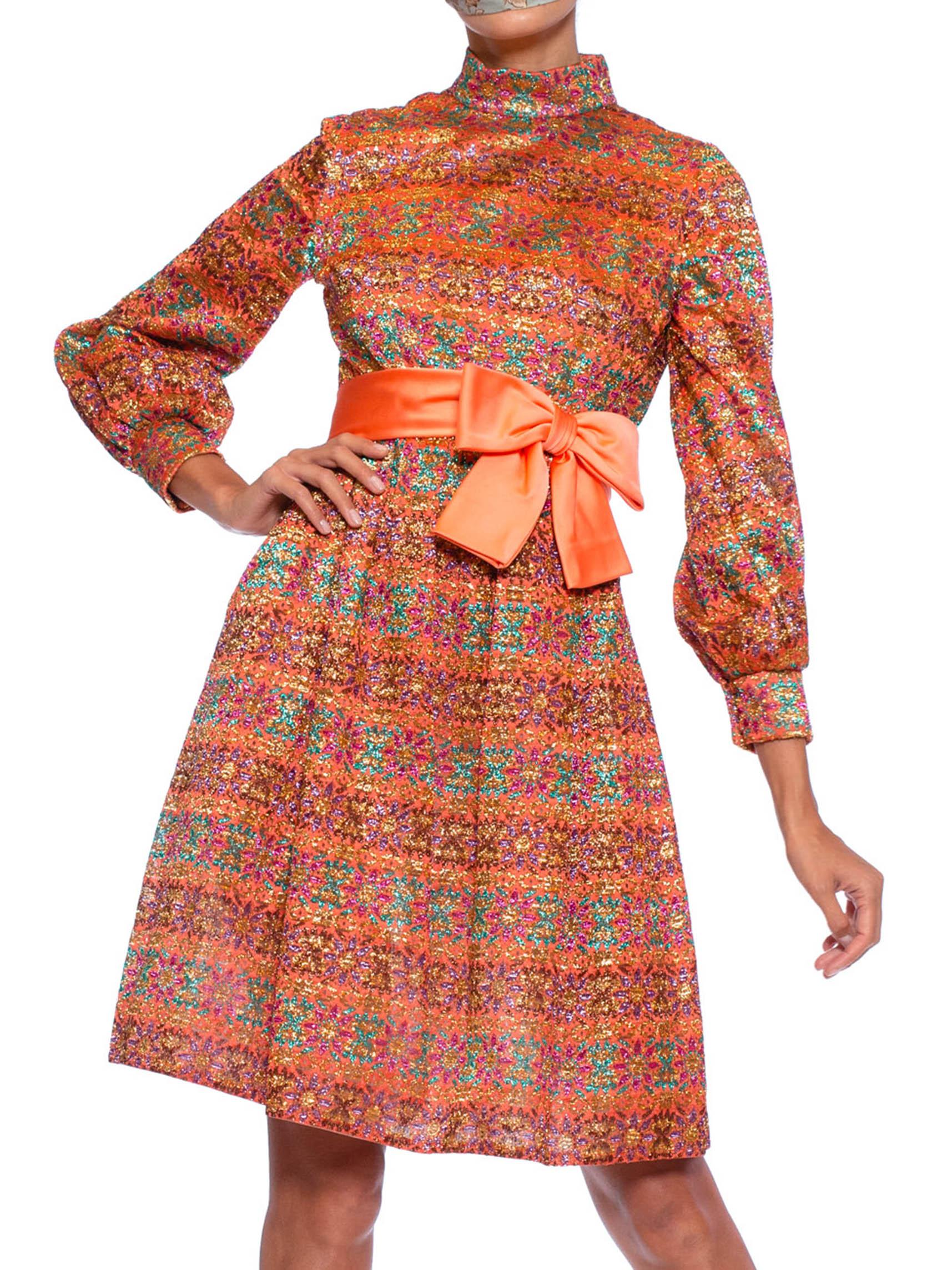 Women's 1960S Orange Metallic Silk Lurex Lace Mini Cocktail Dress With Bishop Sleeves &