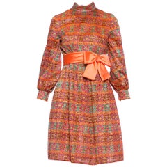 Vintage 1960S Orange Metallic Silk Lurex Lace Mini Cocktail Dress With Bishop Sleeves &