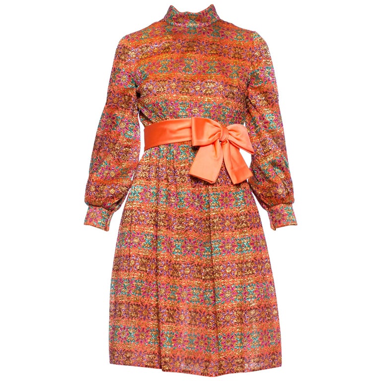 1960S Orange Metallic Silk Lurex Lace Mini Cocktail Dress With Bishop Sleeves & For Sale