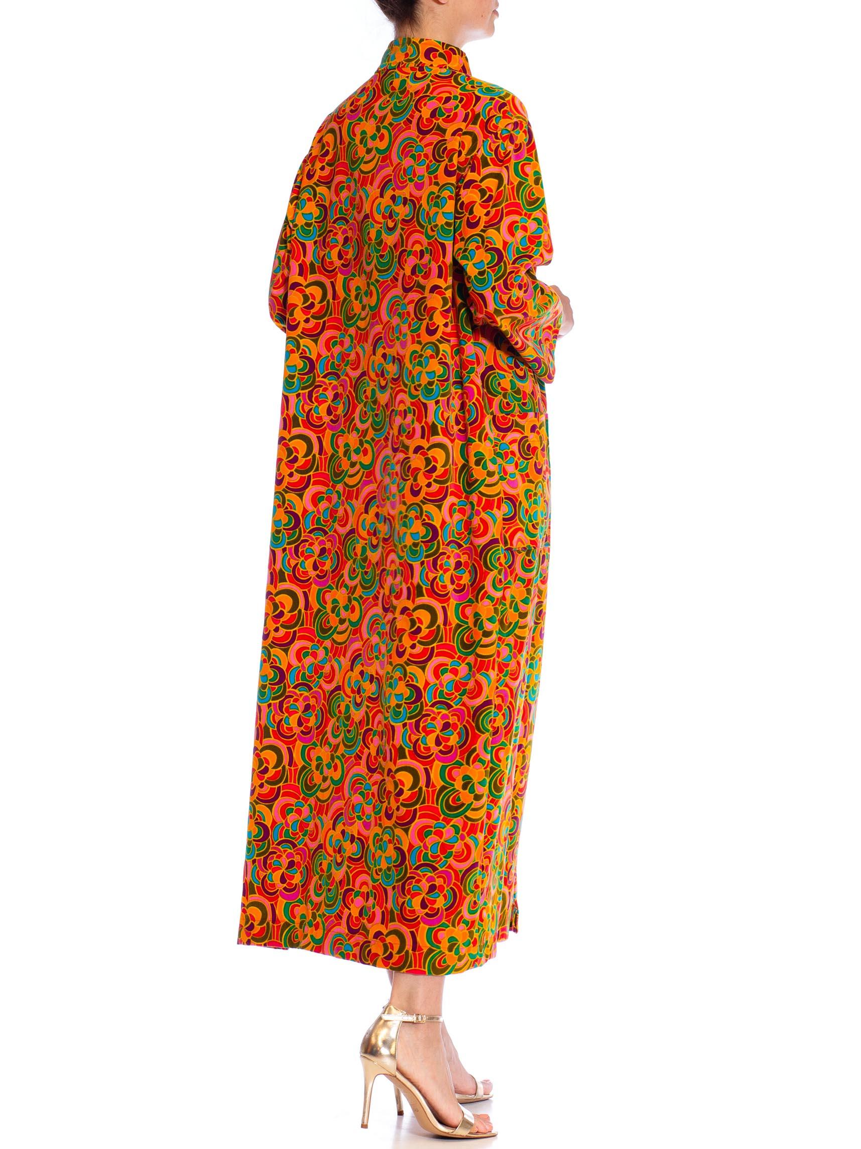 1960S Orange Psychedelic Cotton Velvet Floral Duster 7
