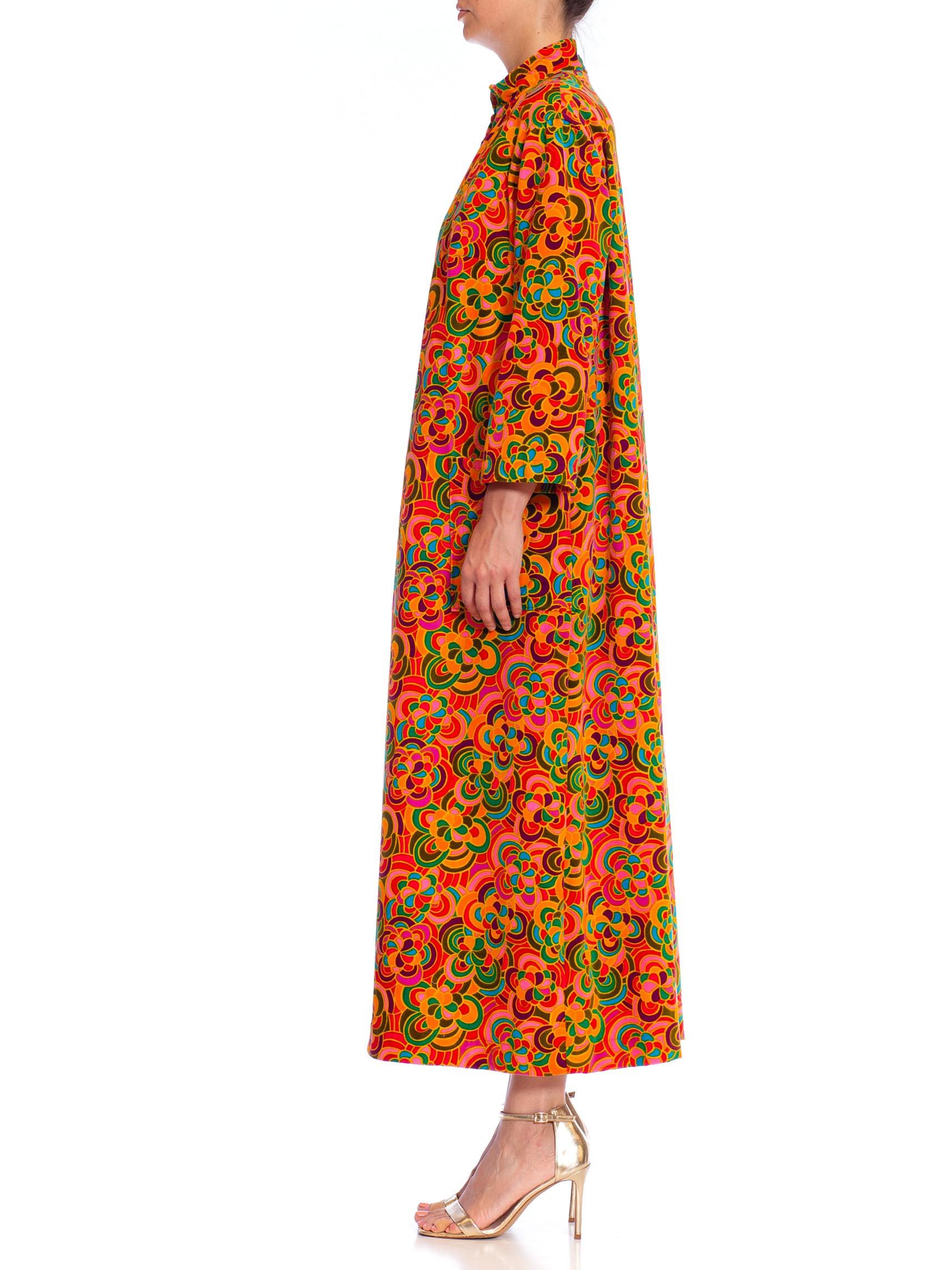 Women's 1960S Orange Psychedelic Cotton Velvet Floral Duster