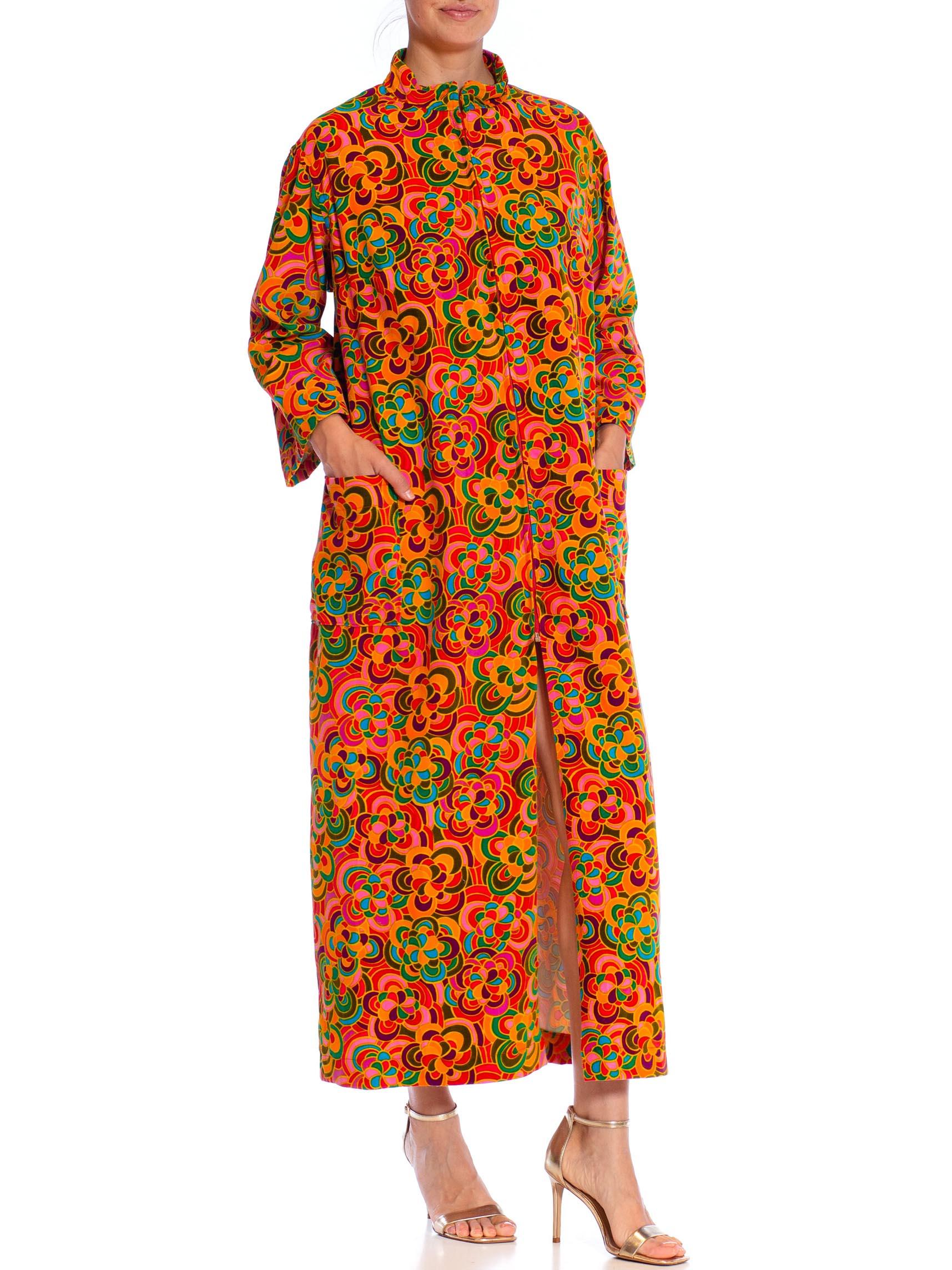 1960S Orange Psychedelic Cotton Velvet Floral Duster 2