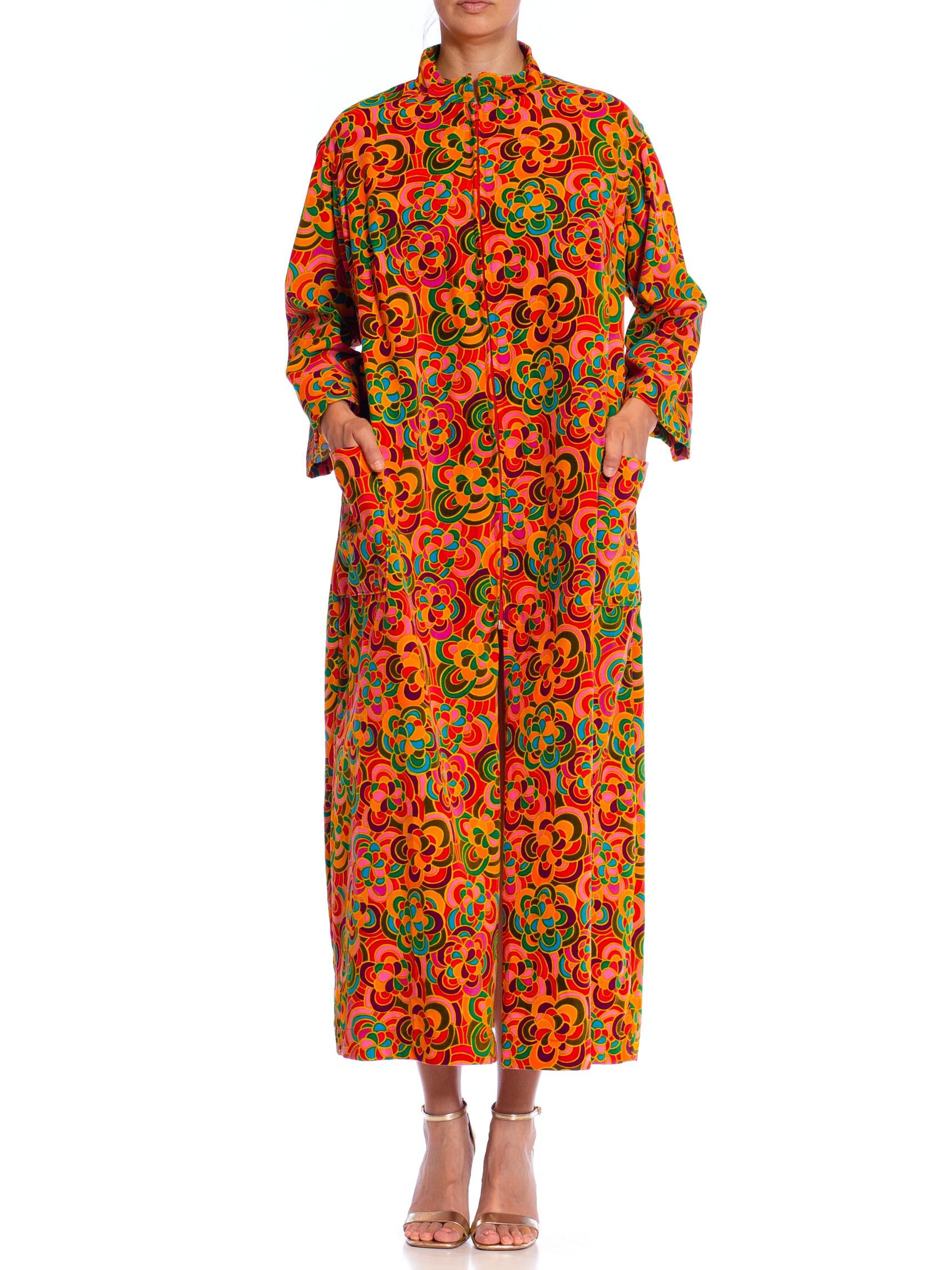 1960S Orange Psychedelic Cotton Velvet Floral Duster 3