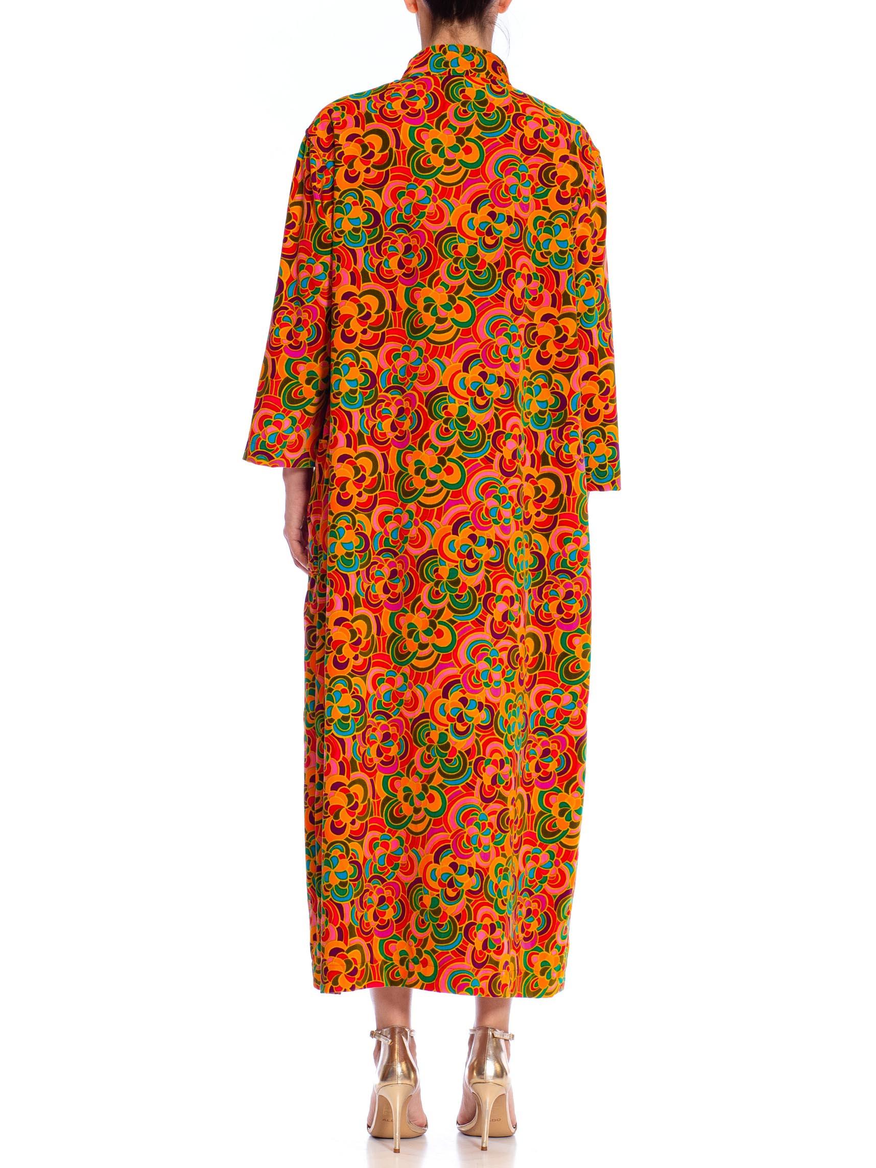1960S Orange Psychedelic Cotton Velvet Floral Duster 6