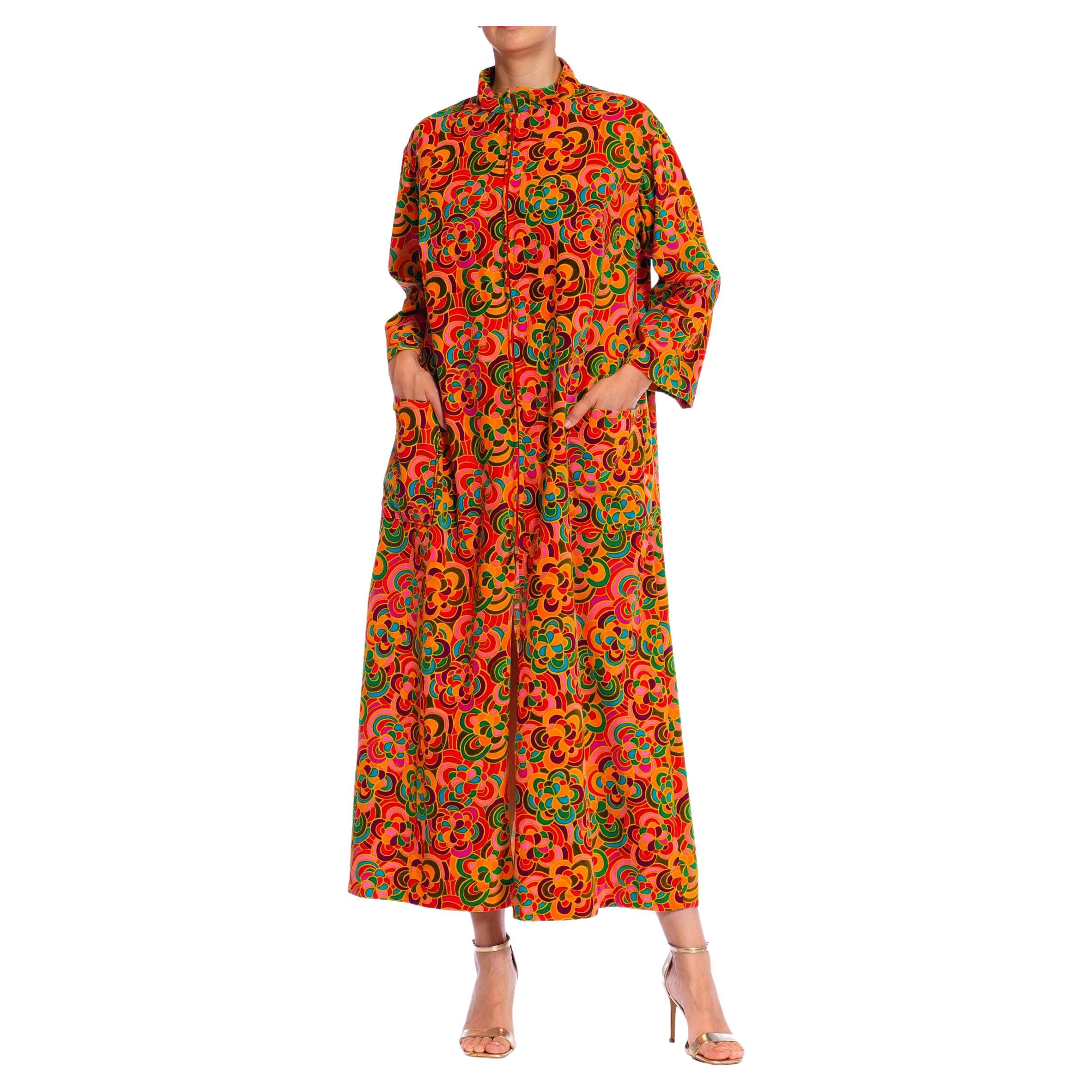 1960S Orange Psychedelic Cotton Velvet Floral Duster