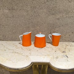 1960s Modernist Orange Sugar Creamer Set & Coffee Mug