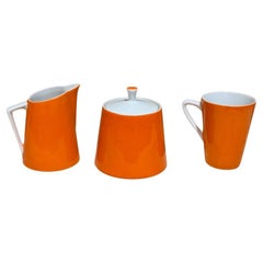 Used 1960s Modernist Orange Sugar Creamer Set & Coffee Mug