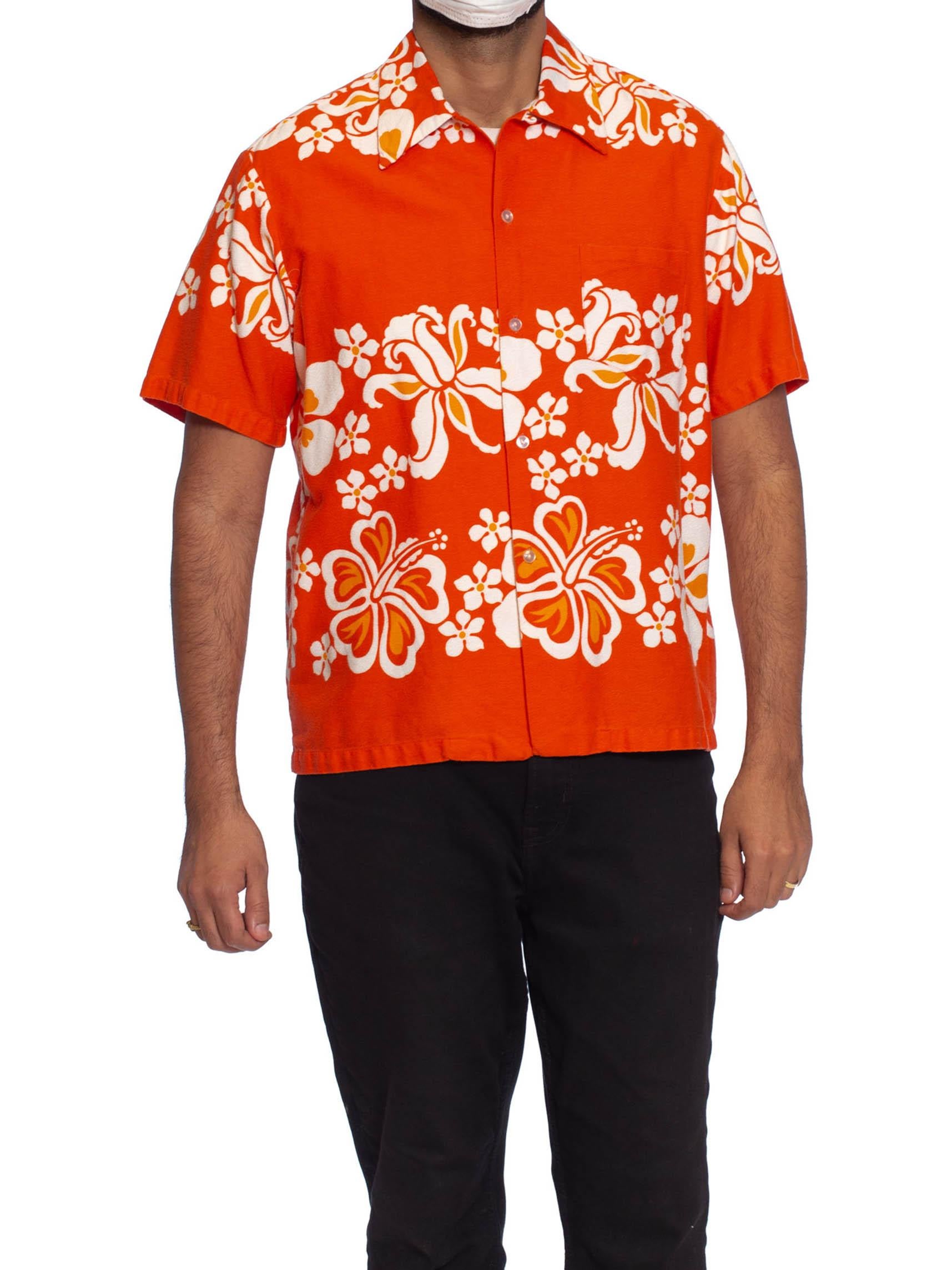 1960S Orange Tropical Cotton Barkcloth Men's Surf Print Shirt Made In Hawaii 4