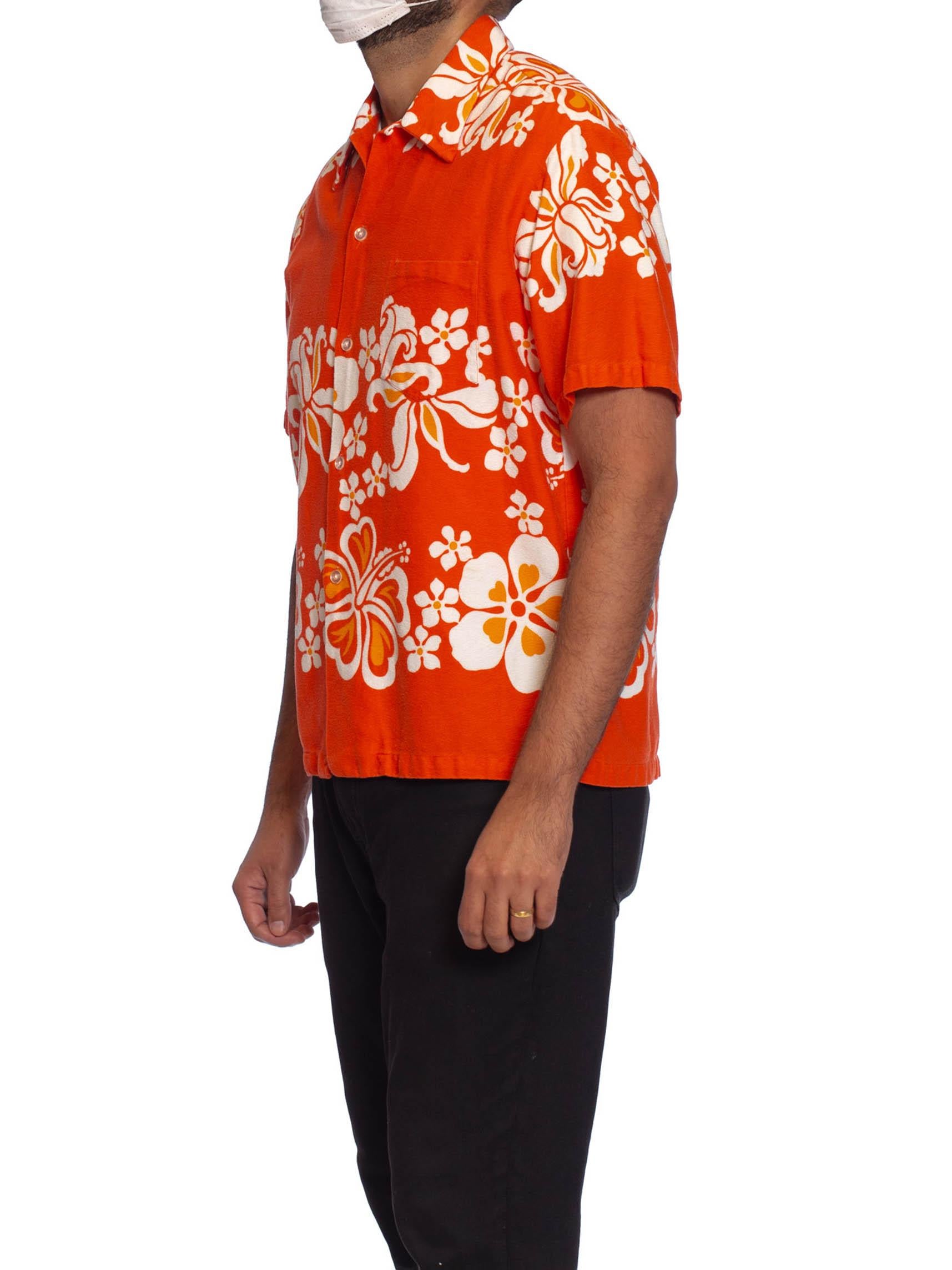Red 1960S Orange Tropical Cotton Barkcloth Men's Surf Print Shirt Made In Hawaii