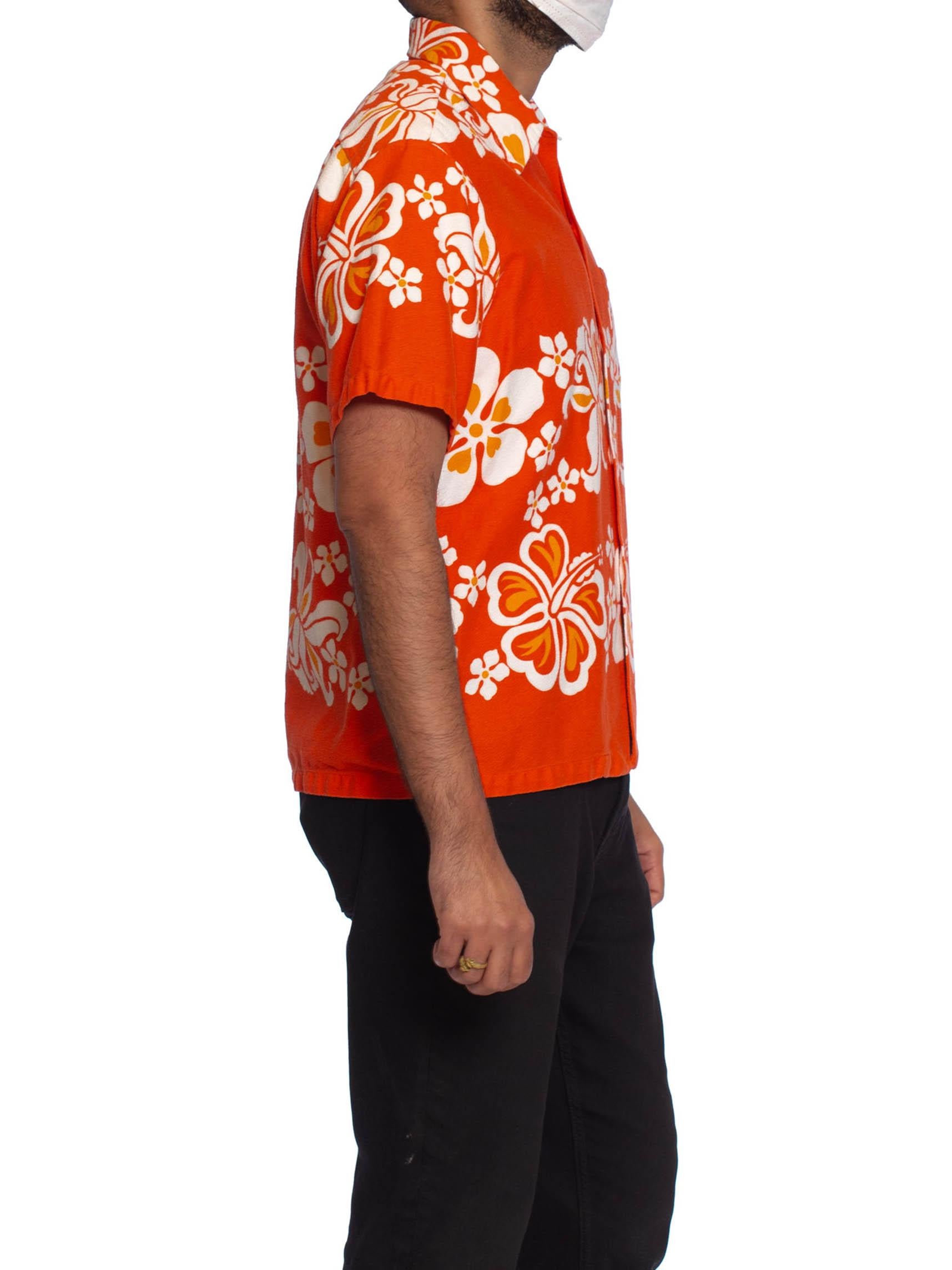 1960S Orange Tropical Cotton Barkcloth Men's Surf Print Shirt Made In Hawaii 1