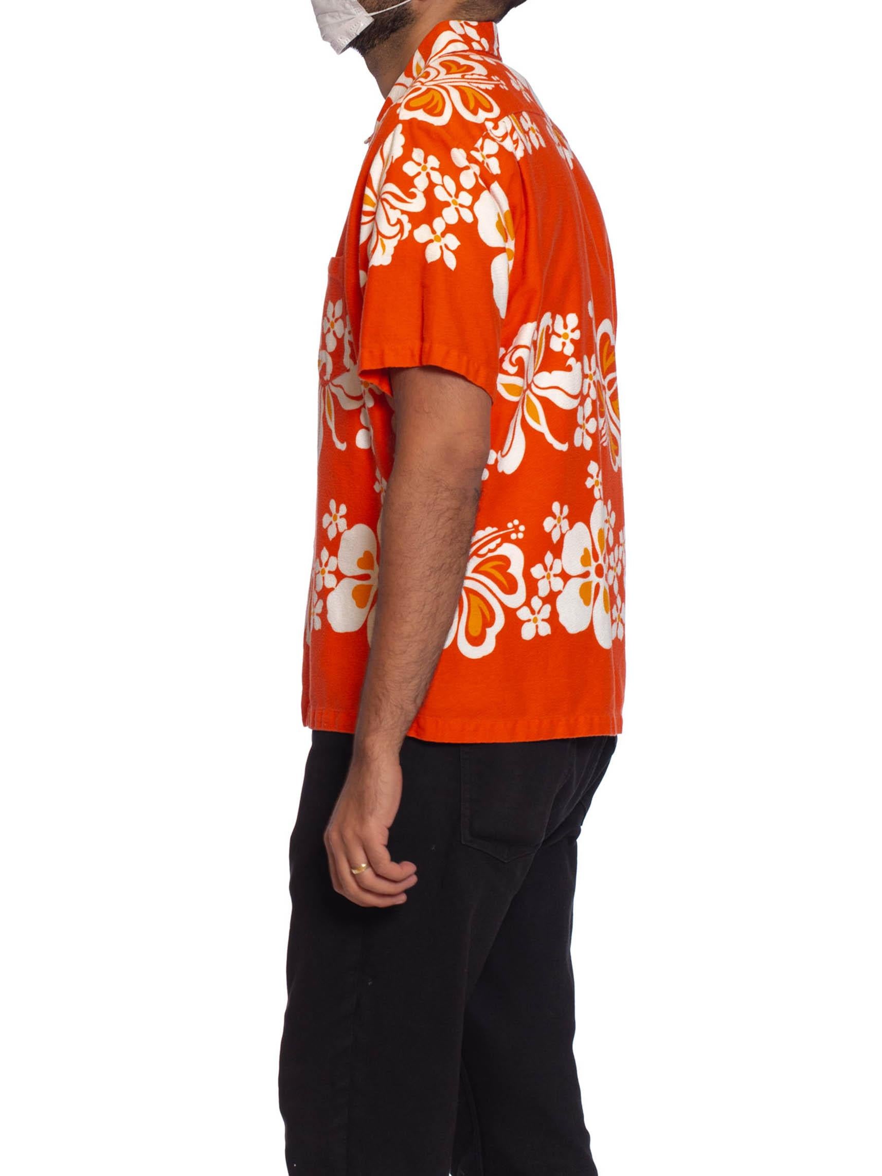 1960S Orange Tropical Cotton Barkcloth Men's Surf Print Shirt Made In Hawaii 2