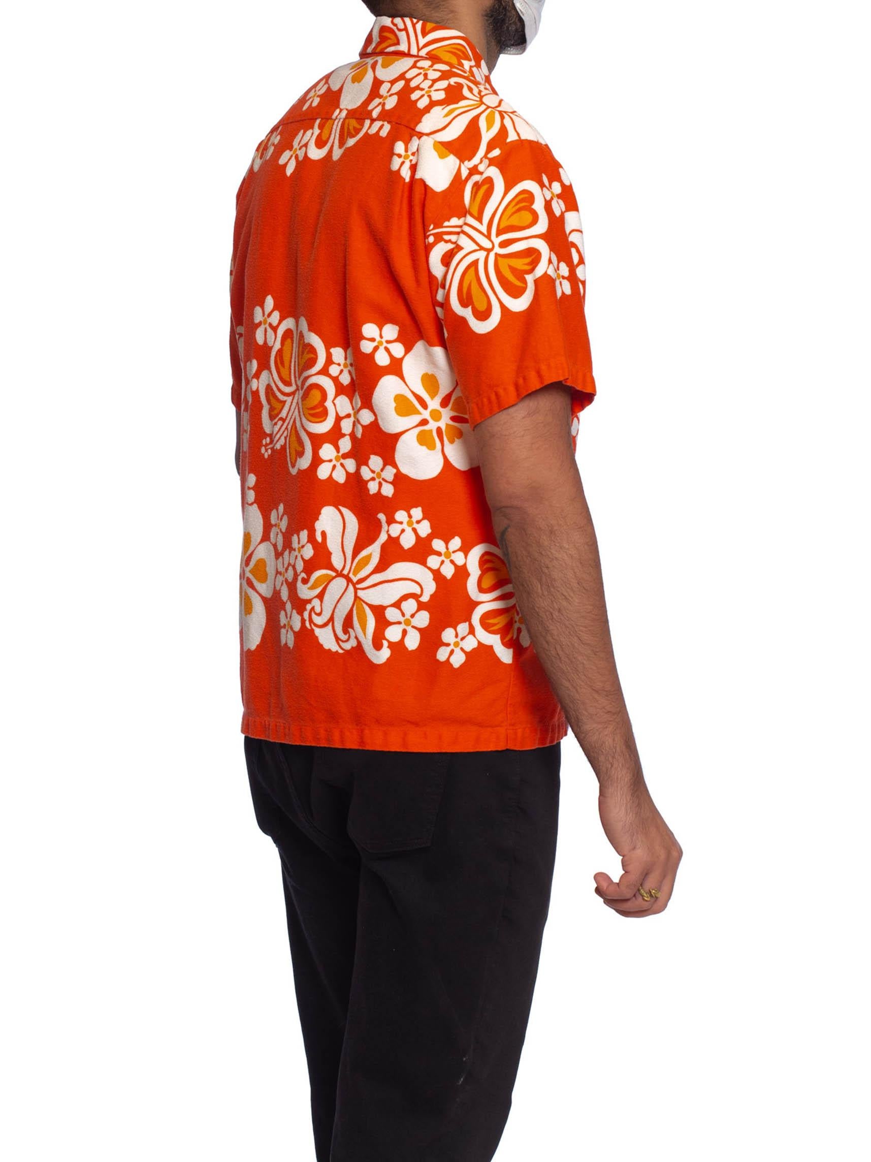 1960S Orange Tropical Cotton Barkcloth Men's Surf Print Shirt Made In Hawaii 3
