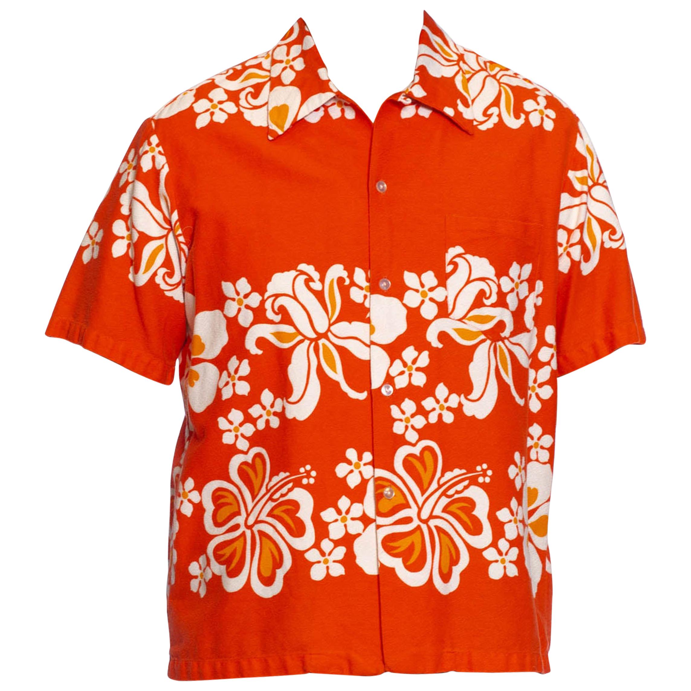 1960S Orange Tropical Cotton Barkcloth Men's Surf Print Shirt Made In Hawaii