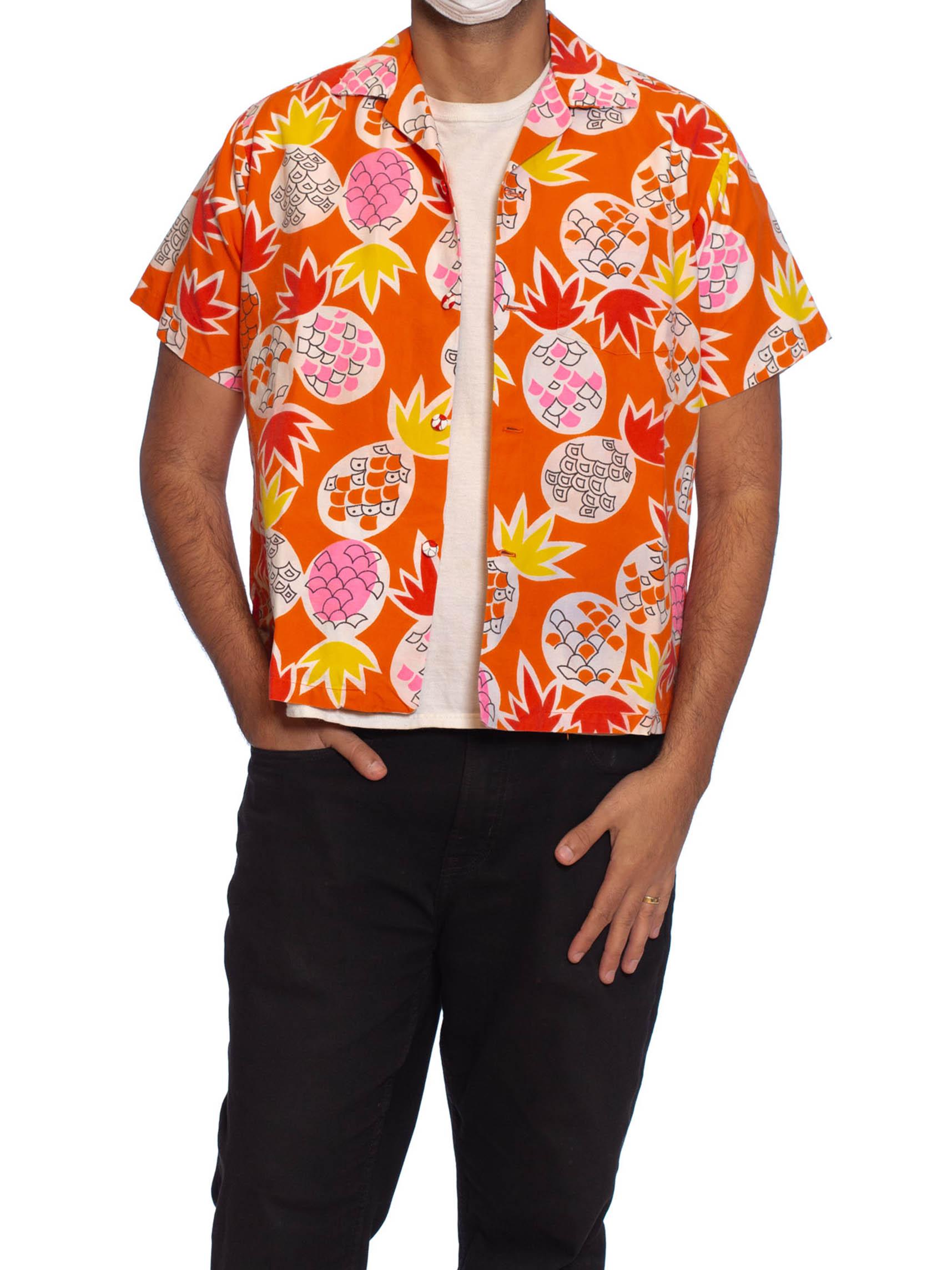1960S Orange Tropical Cotton Men's Hawaiian Shirt With Pineapples 1