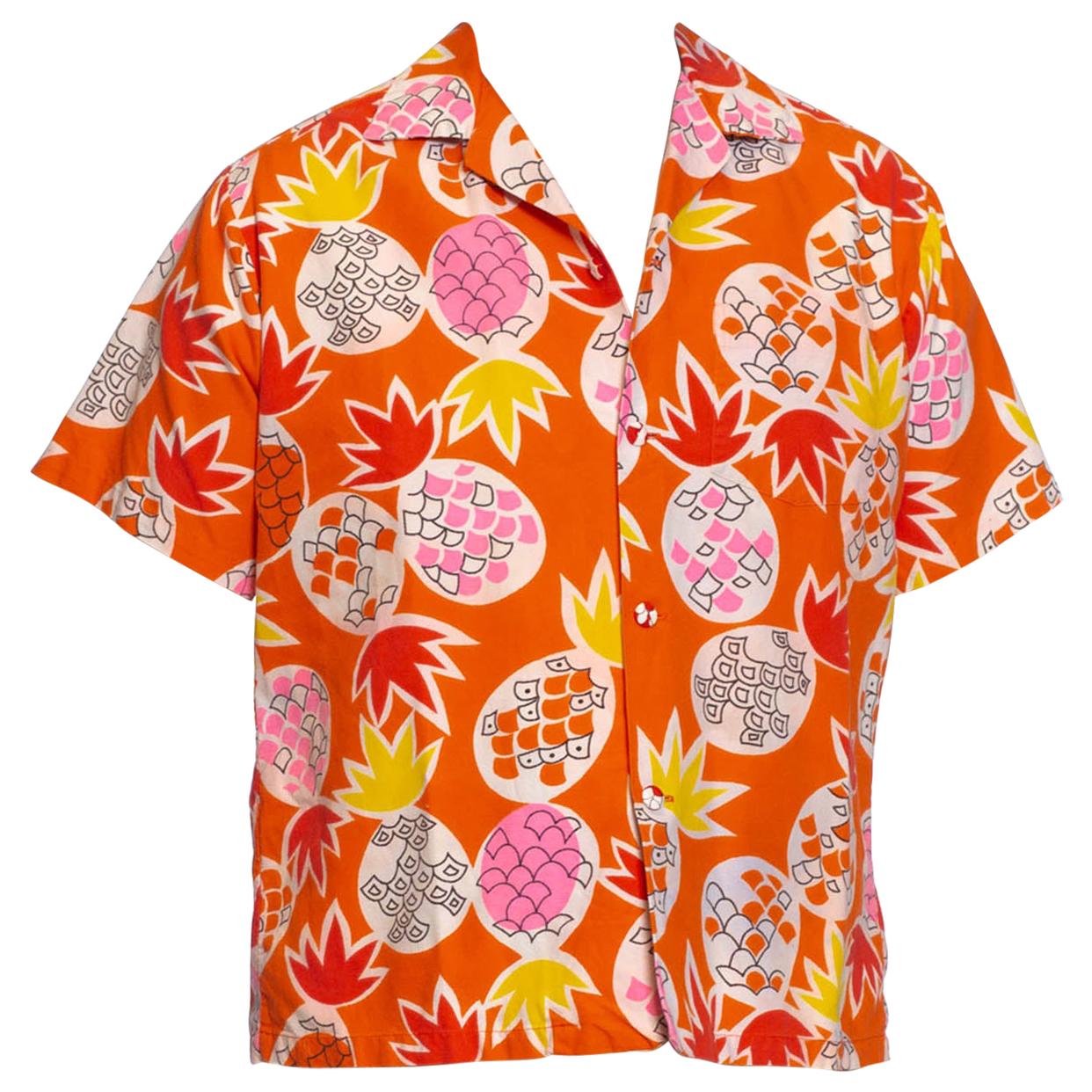 1960S Orange Tropical Cotton Men's Hawaiian Shirt With Pineapples