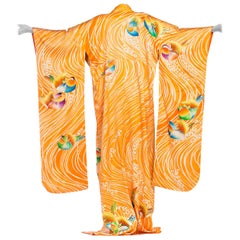 1960S Orange & White Gold Lamé Silk Hand Embroidered Japanese With Birds Print 