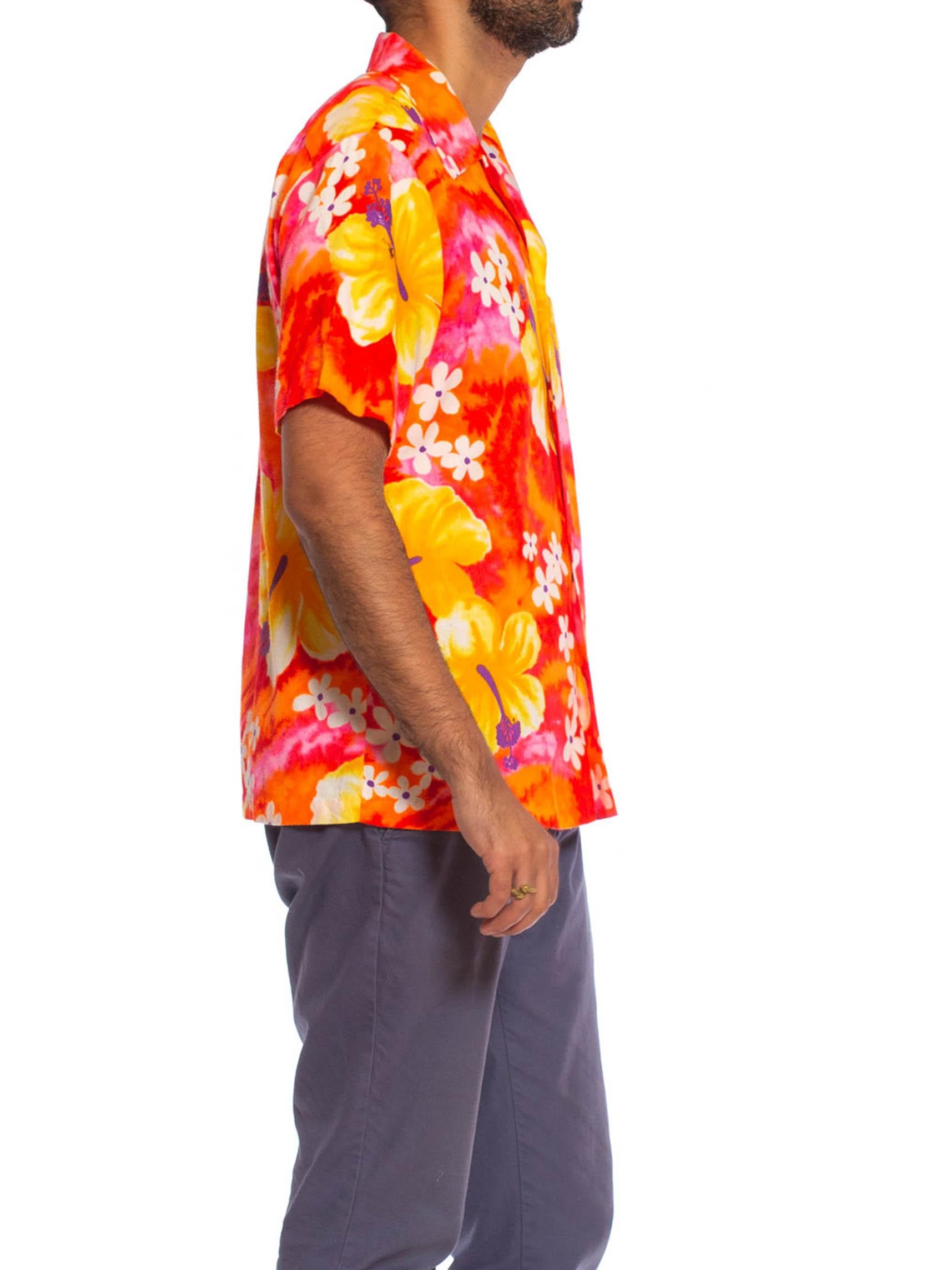 1960S Camisa hawaiana de algodón para hombre naranja, amarilla y rosa Rojo