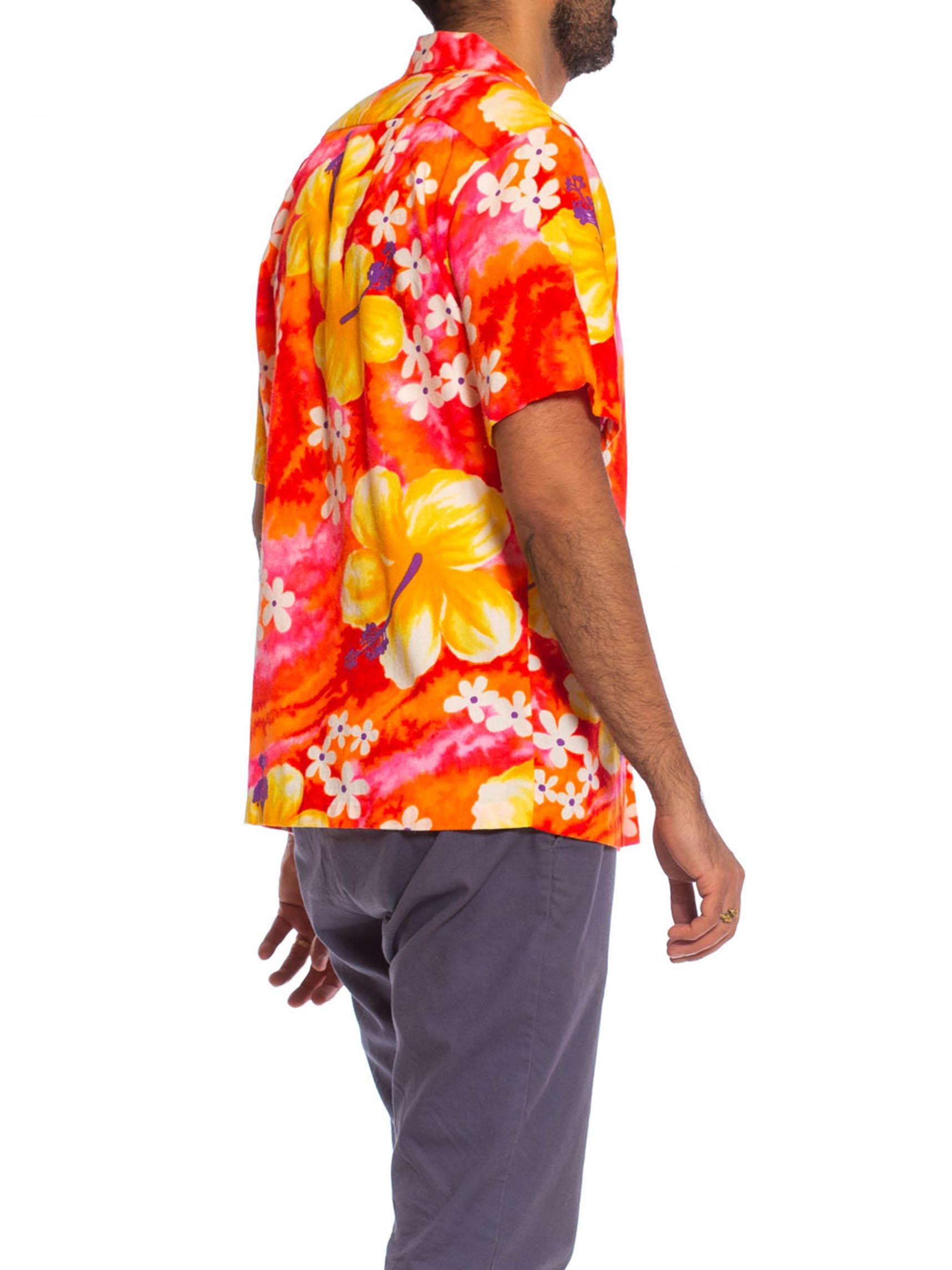 De los hombres 1960S Camisa hawaiana de algodón para hombre naranja, amarilla y rosa