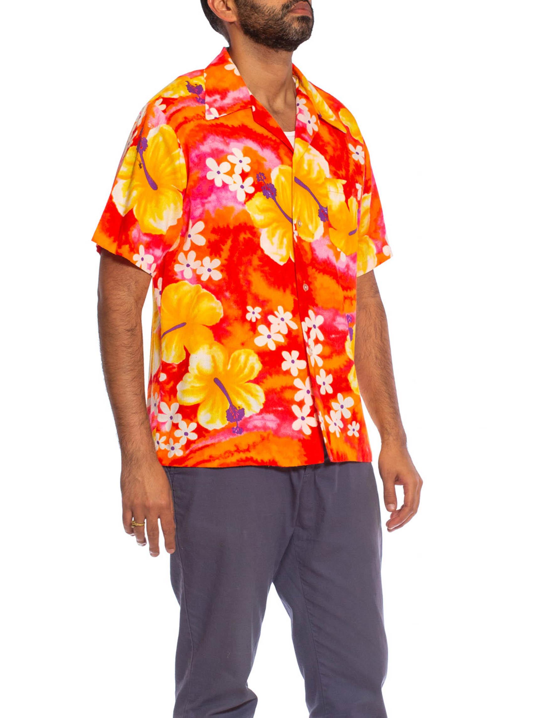 1960S Camisa hawaiana de algodón para hombre naranja, amarilla y rosa 1