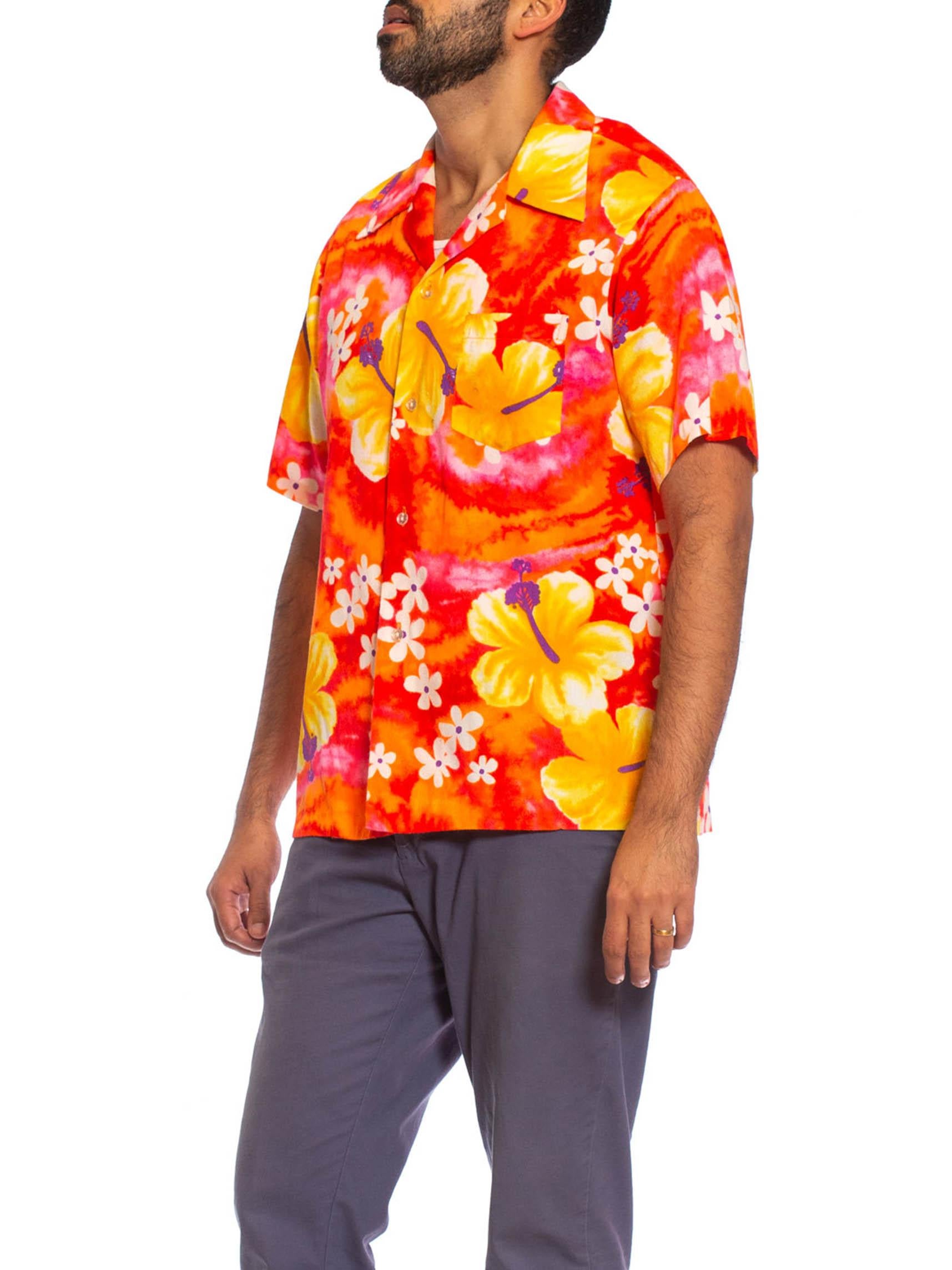 1960S Camisa hawaiana de algodón para hombre naranja, amarilla y rosa 2