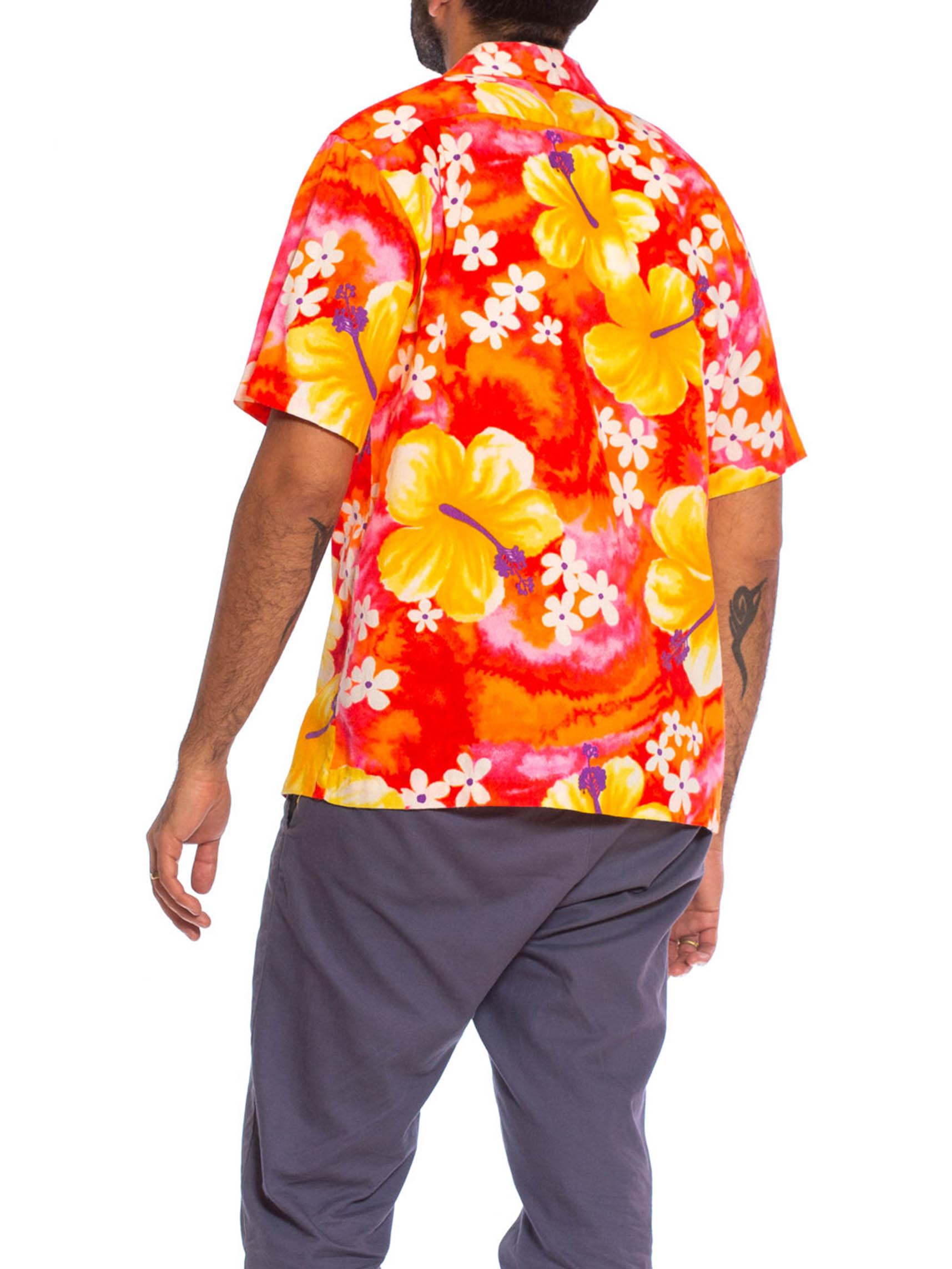 1960S Camisa hawaiana de algodón para hombre naranja, amarilla y rosa 3