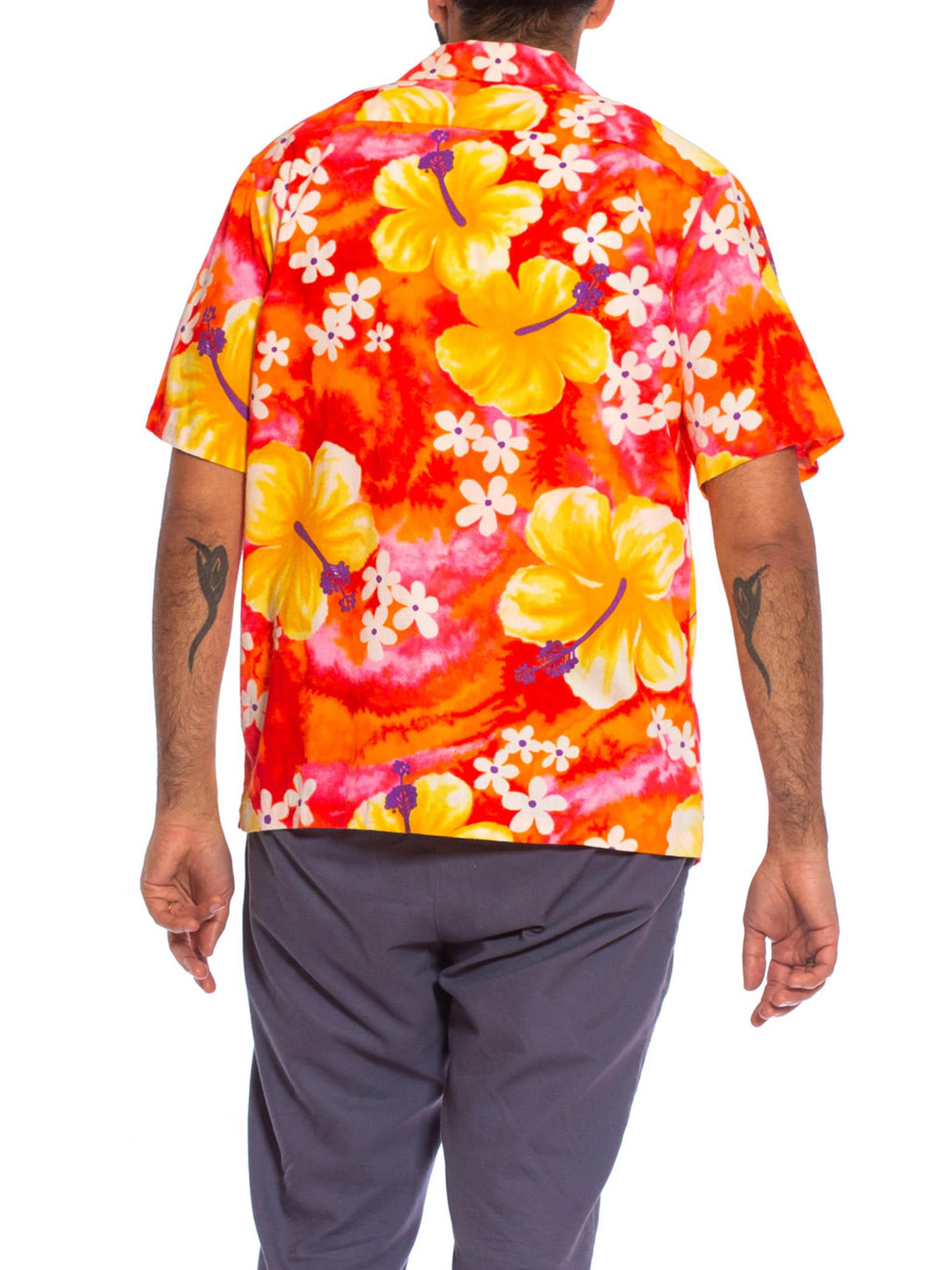 1960S Camisa hawaiana de algodón para hombre naranja, amarilla y rosa 4