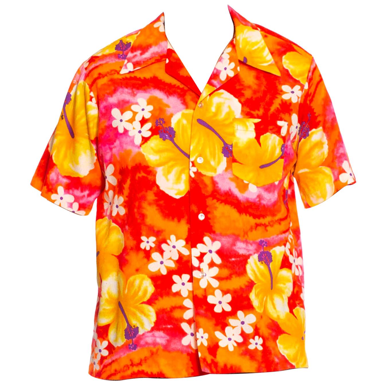 1960S Orange, Yellow & Pink Hawaiian Cotton Men's Shirt