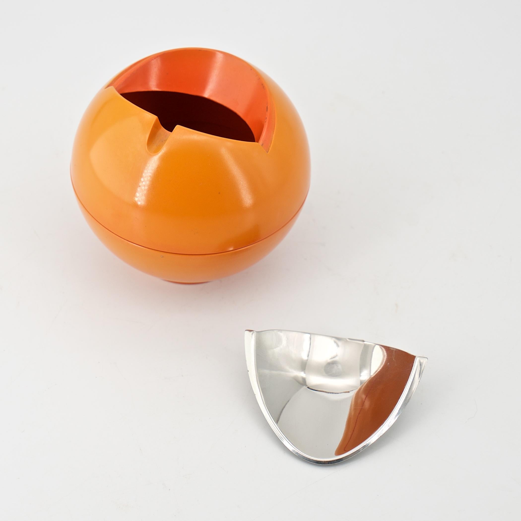 Stainless Steel 1960s Orb Ashtray Mod Psychedelic Orange Mid-Century Plastic + Steel Sculpture For Sale