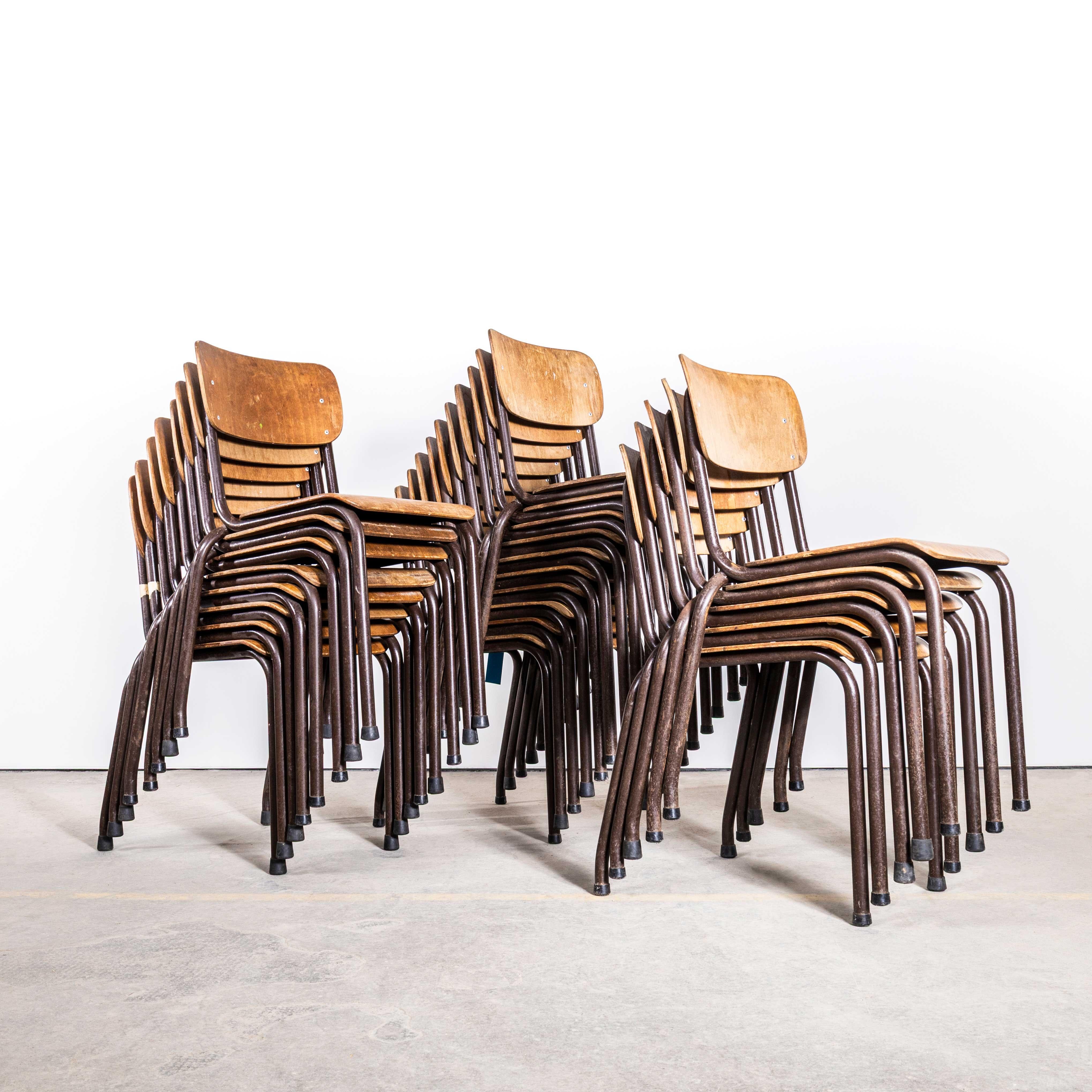 1960’s Original Chocolate French Stacking University Dining Chairs – Good Quantity Available. High quality classic French University chairs. Dark chocolate steel frames with birch backs and seats. High quality practical stacking chair from the
