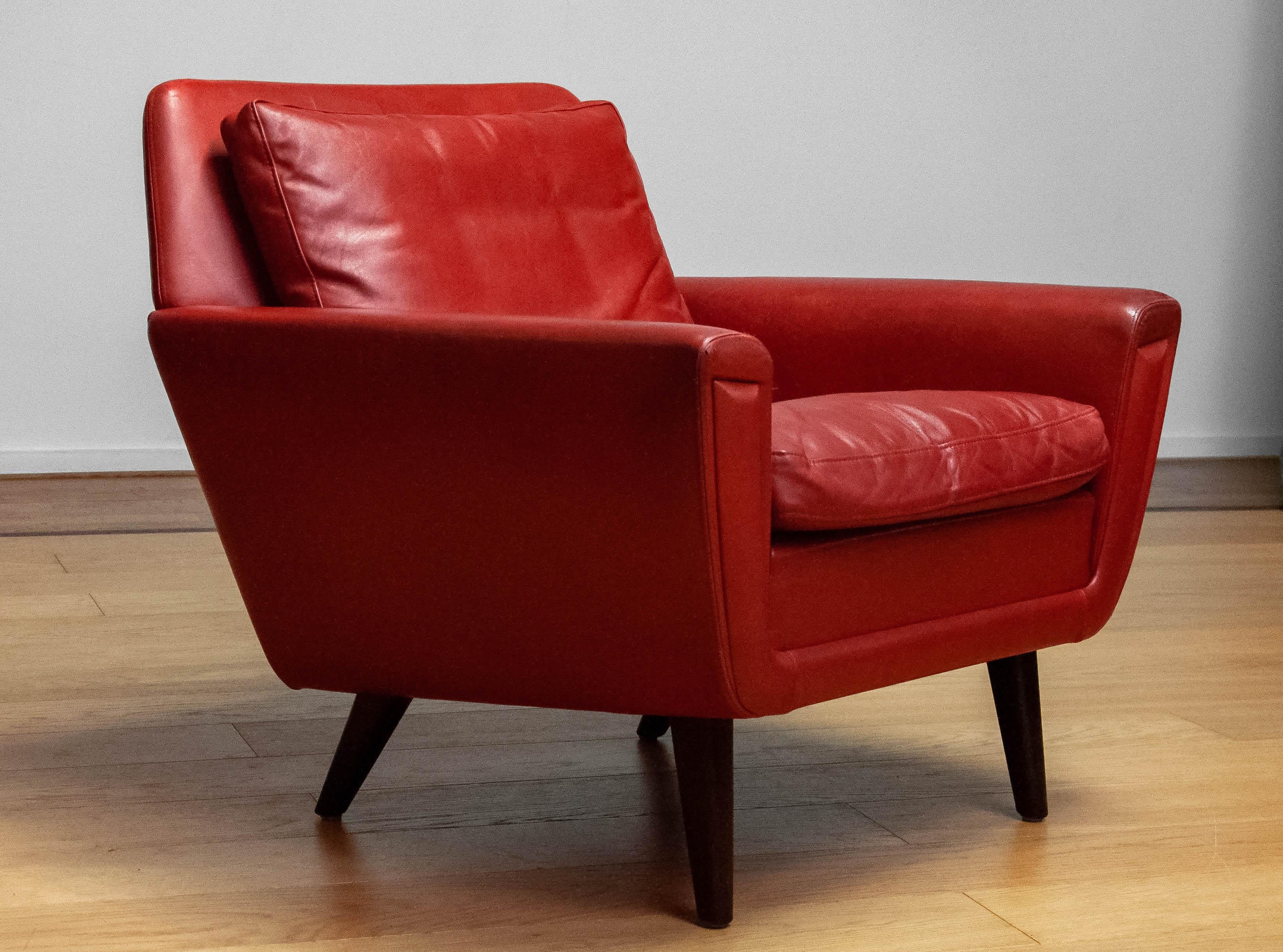 Scandinavian Modern 1960s Original Danish Lounge Easy Chair in Red Leather  For Sale