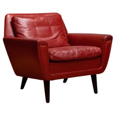 Used 1960s Original Danish Lounge Easy Chair in Red Leather 