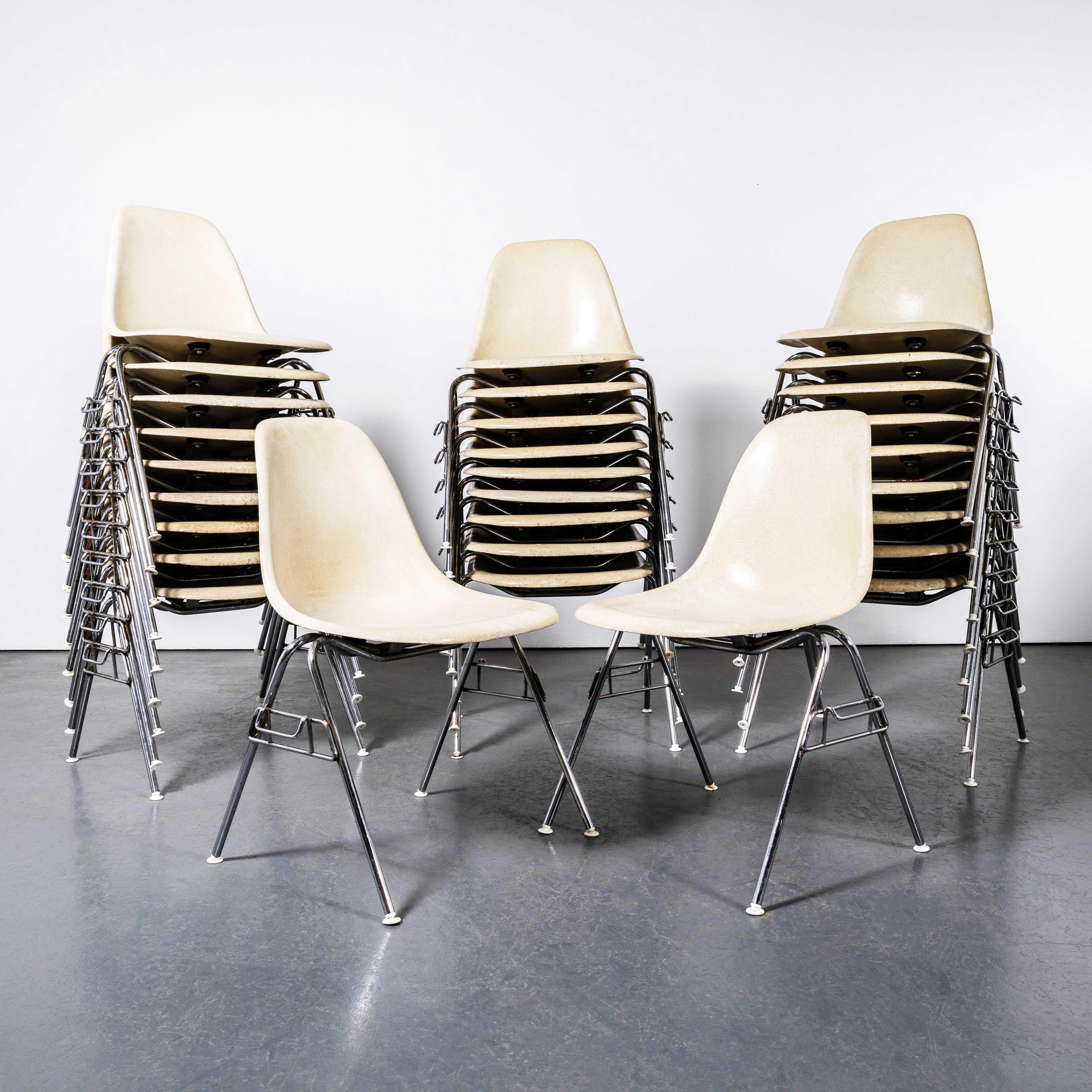 1960's Original Eames DSS Stacking Off White Fibreglass Dining Chair - Large Quantity Available. 

The iconic DSS side chair designed by Eames and produced in a wonderful vivid green. These are 100% original Herman Miller fiberglass shells all with