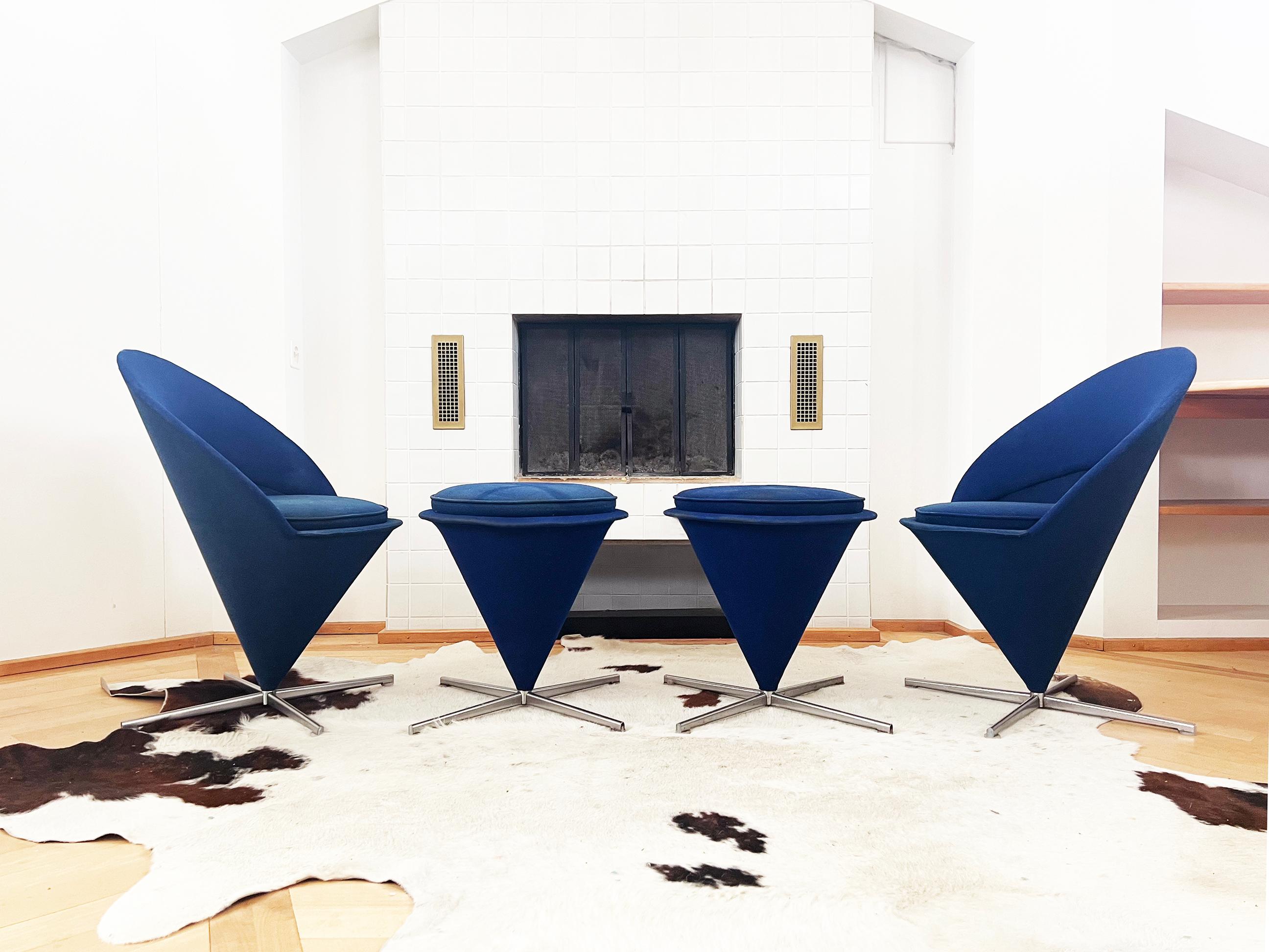 Original Verner Panton Ottoman, suited to fit with the Panton Chair, produced by Vitra.  Beautiful and rare piece.

This is the iconic Verner Panton chair ottoman in the shape of a cone, upholstered in blue wool and featuring a swivel four-pass