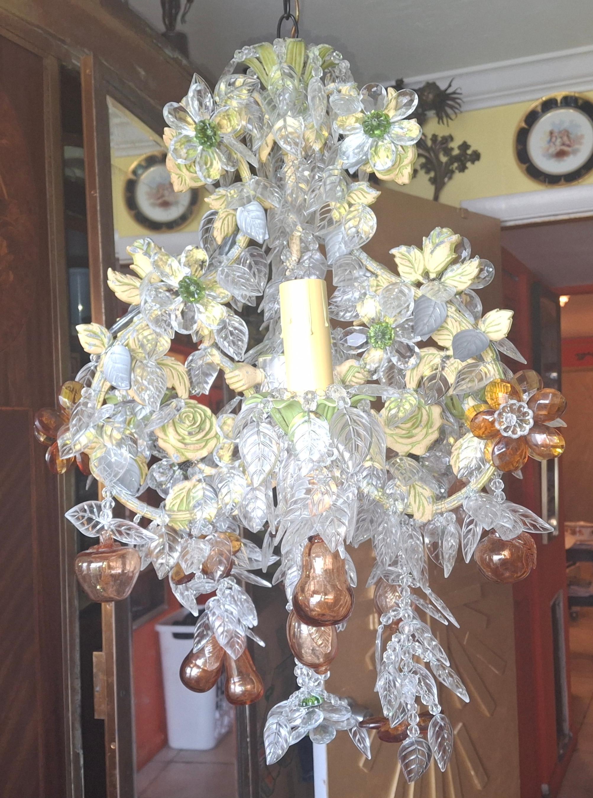Masterpiece 1960's French Regency Hand Cut Crystal Petal/ Flowered with Blown Glass Fruit Chandelier. This is a one of a kind Chandelier. Over 500 cut crystal petals, applied one by one. Amber crystal and clear flowers. The frame is a heavy cast
