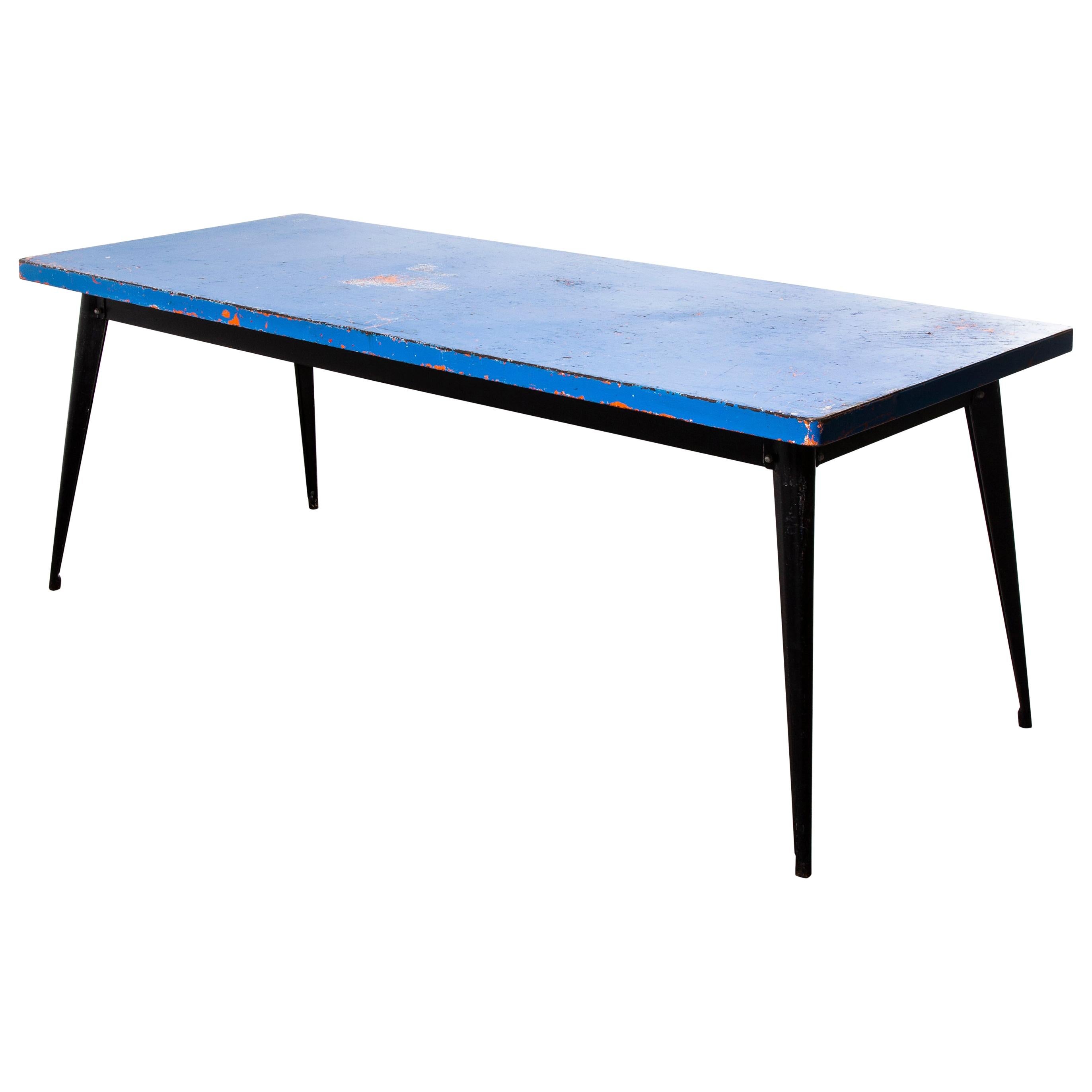 1960's Original French T55 Tolix Rectangular Two Metre Dining Table, Blue Top