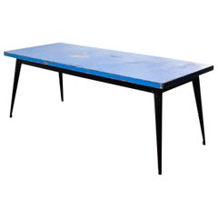 1960's Original French T55 Tolix Rectangular Two Metre Dining Table, Blue Top