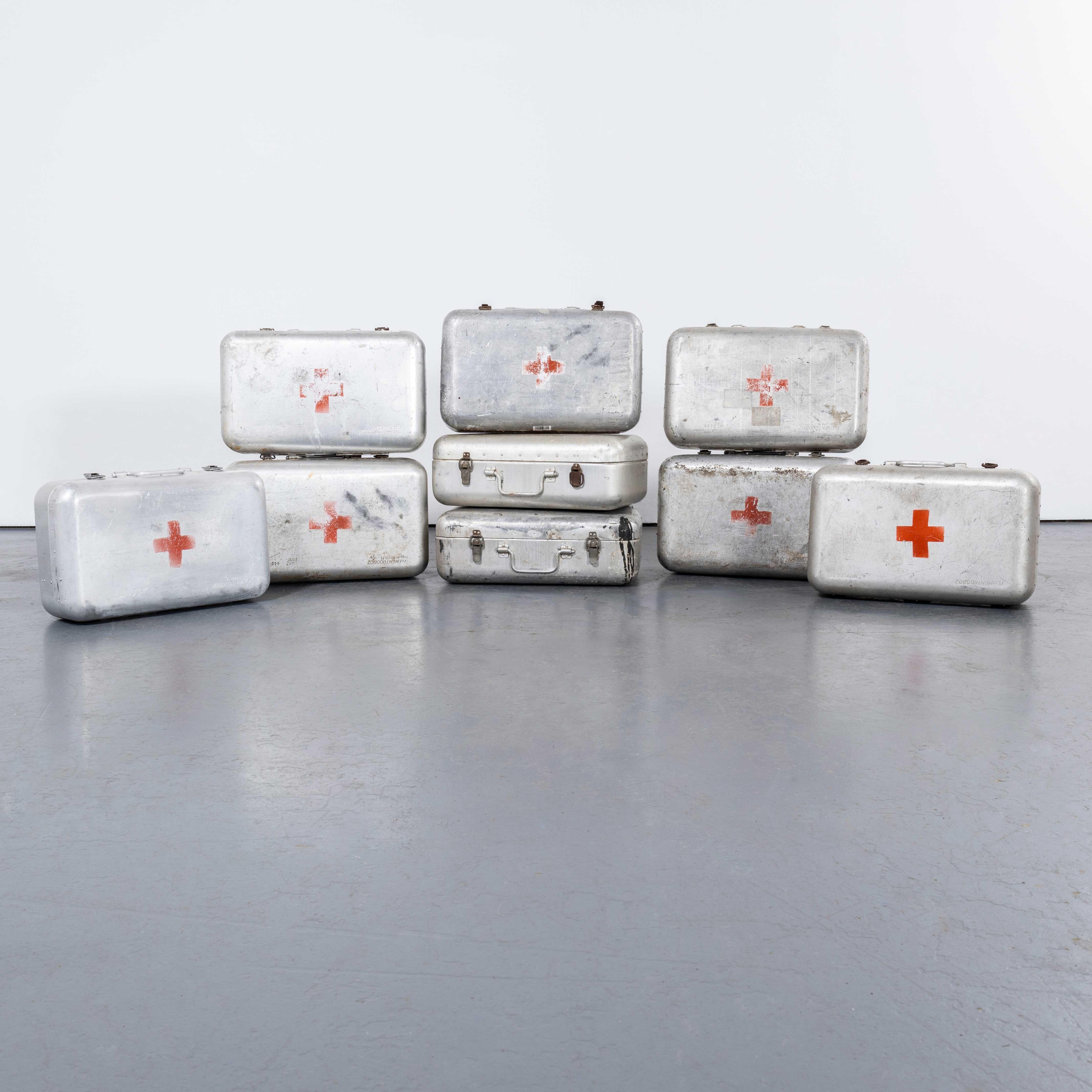 1960's Original Hungarian Army First Aid Boxes - Large Shape. 
These were standard issue in the Hungarian army and we have a network of pickers that hunt them out for us. Occasionally some contain original first aid supplies not in useable