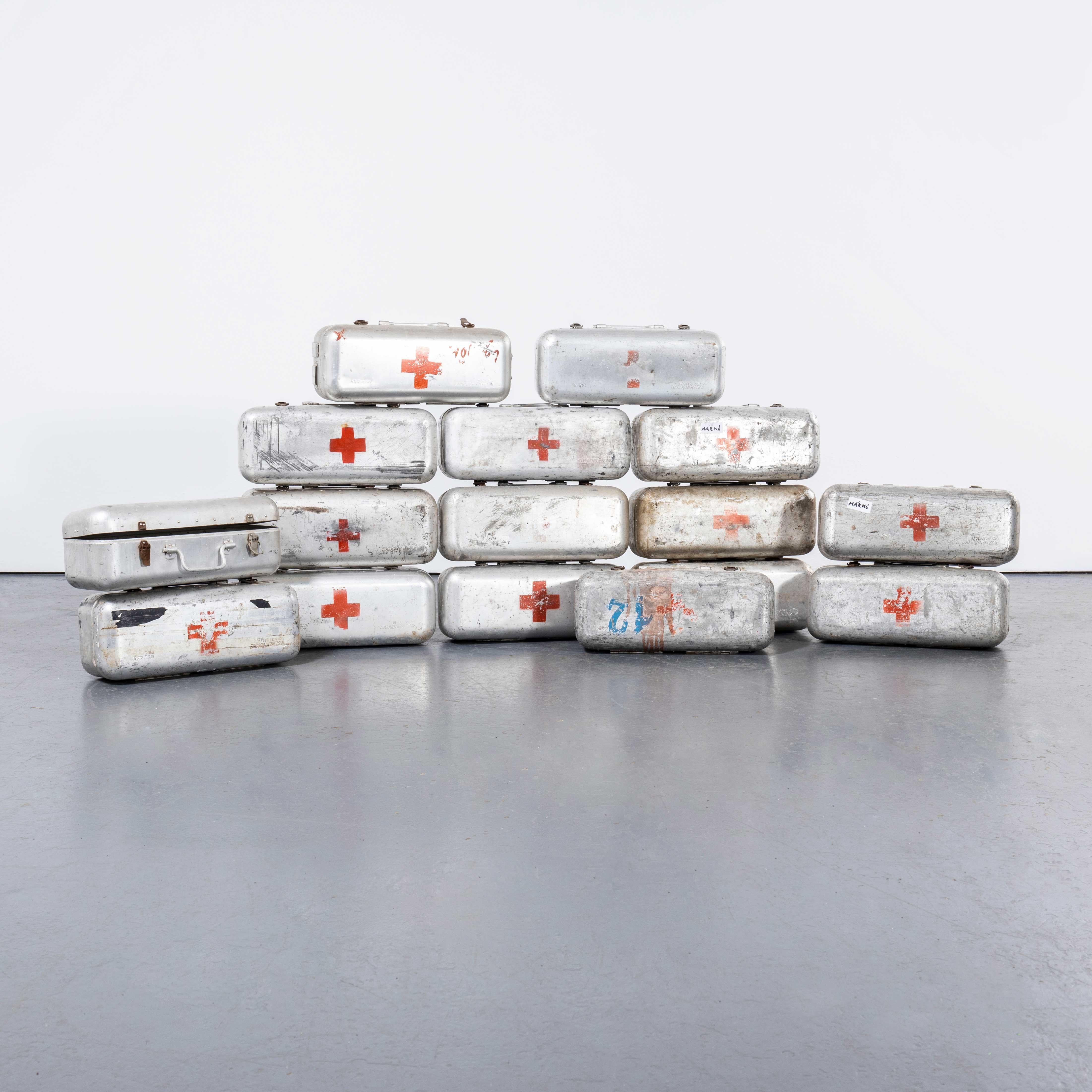 1960's Original Hungarian Army First Aid Boxes - Long Shape. These were standard issue in the Hungarian army and we have a network of pickers that hunt them out for us. Occasionally some contain original first aid supplies not in useable condition!