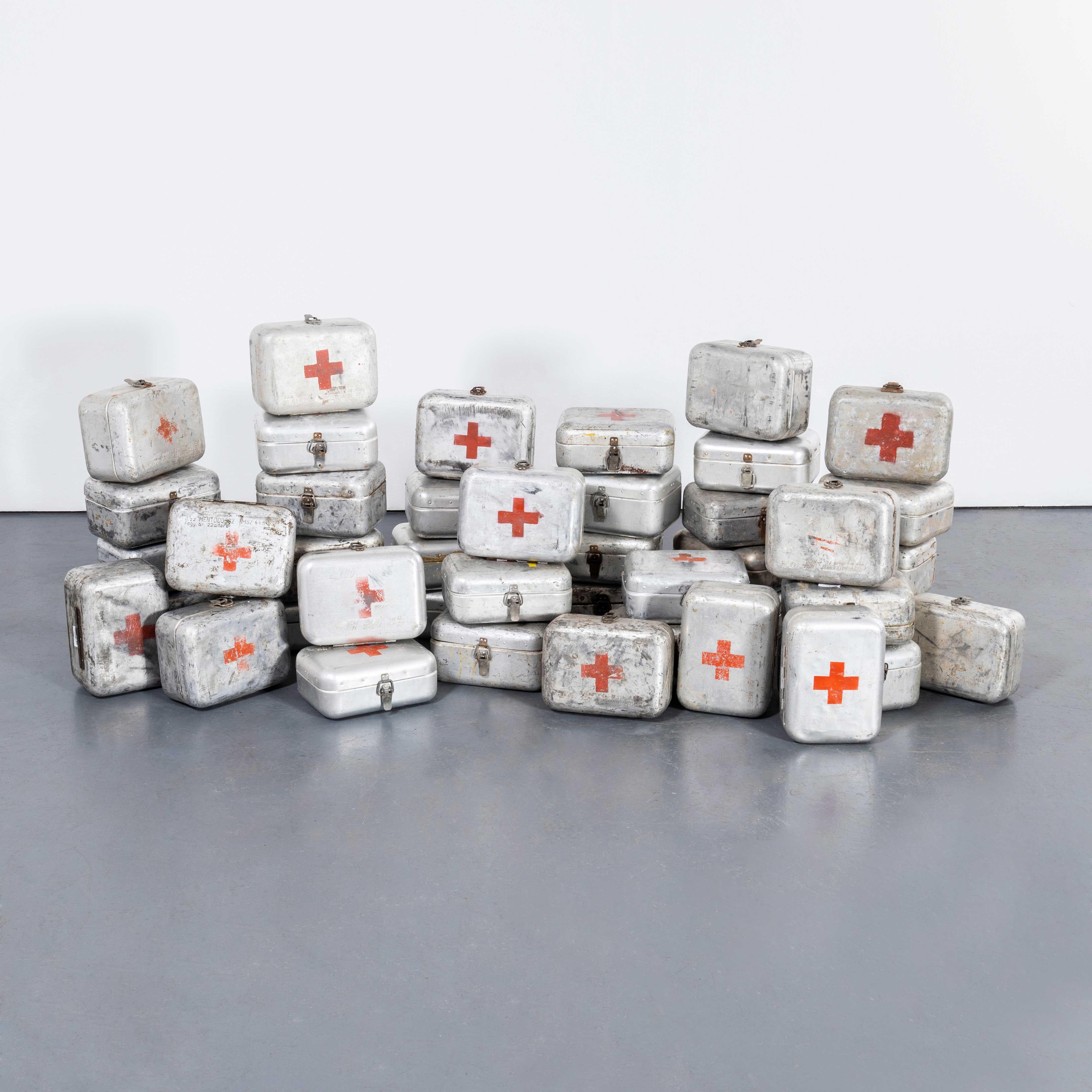 1960's Original Hungarian Army First Aid Boxes - Medium Shape.

These were standard issue in the Hungarian army and we have a network of pickers that hunt them out for us. Occasionally some contain original first aid supplies not in useable