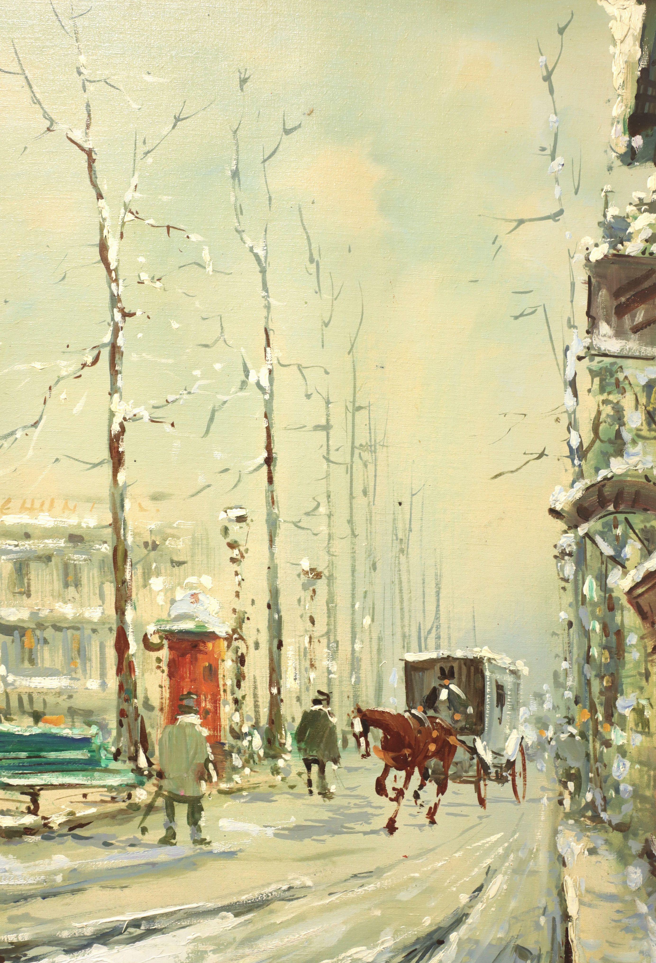 1960's Original Oil on Canvas Painting - European Snowy Street Scene - Signed For Sale 1