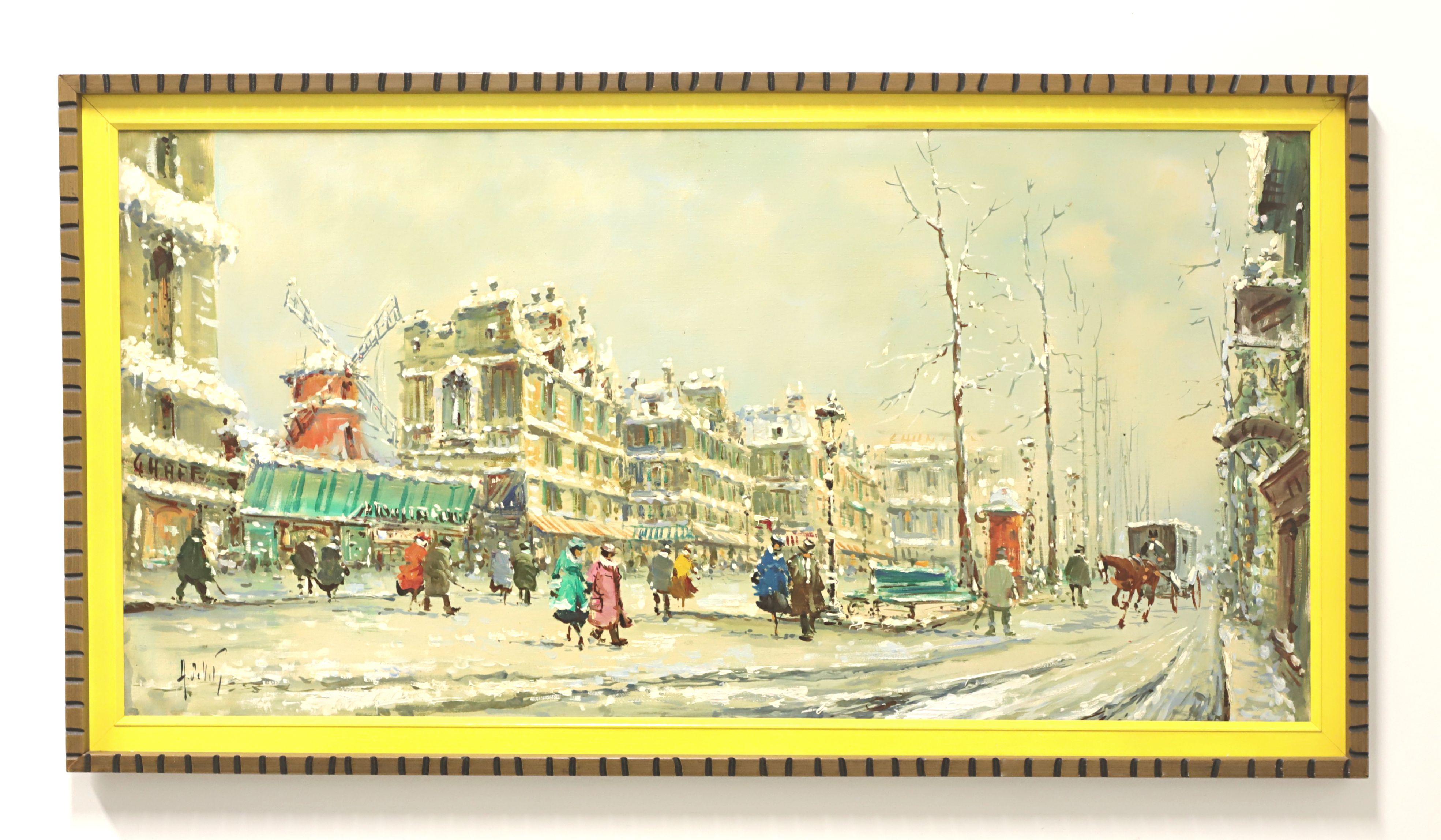 1960's Original Oil on Canvas Painting - European Snowy Street Scene - Signed For Sale 4