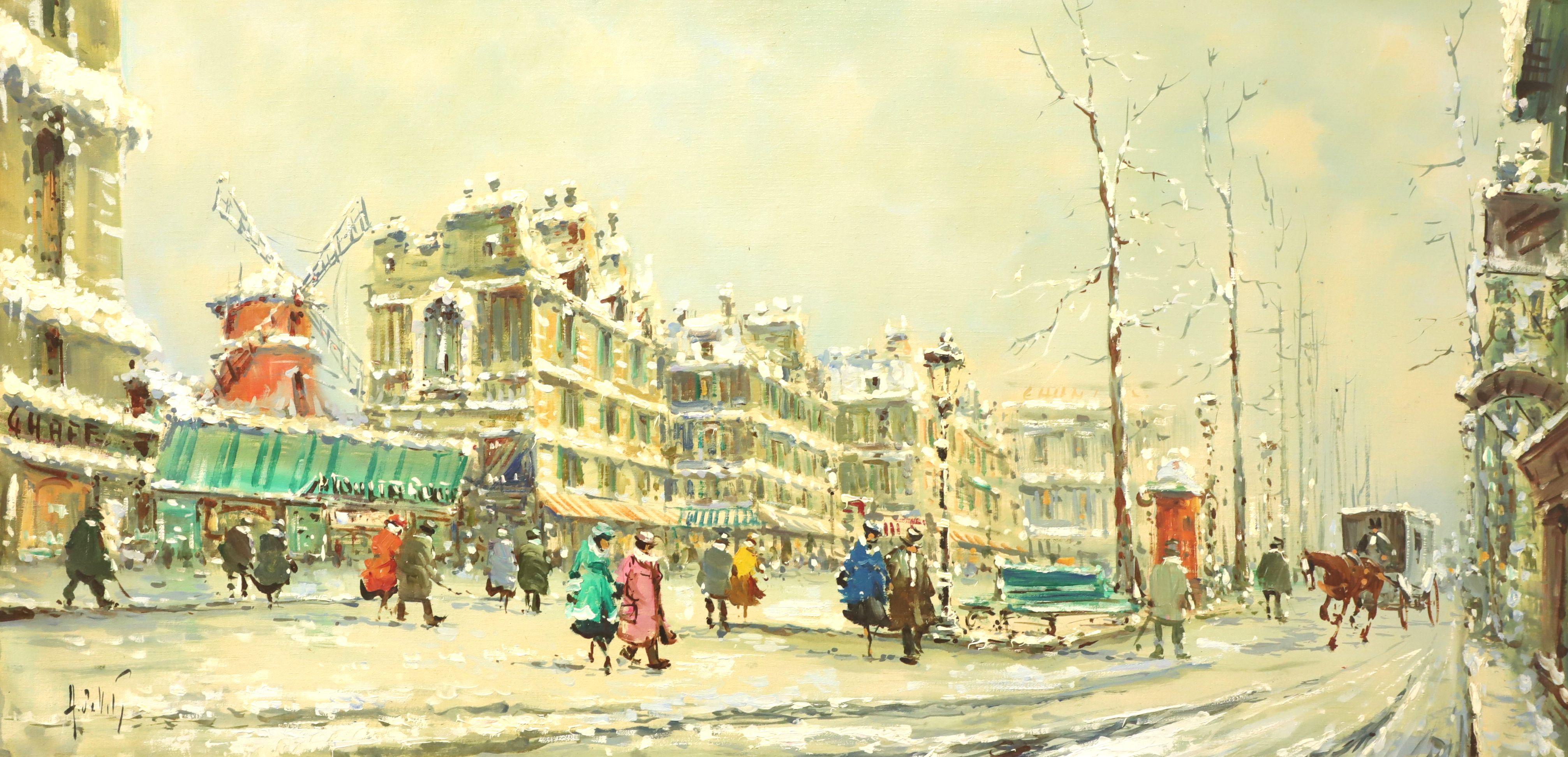 An original oil painting on canvas, from the mid 20th Century. Untitled, (European Snowy Street Scene). Signed, signature illegible to lower left. Presented in a yellow painted inner wood frame with a brown & black wood outers frame and wire