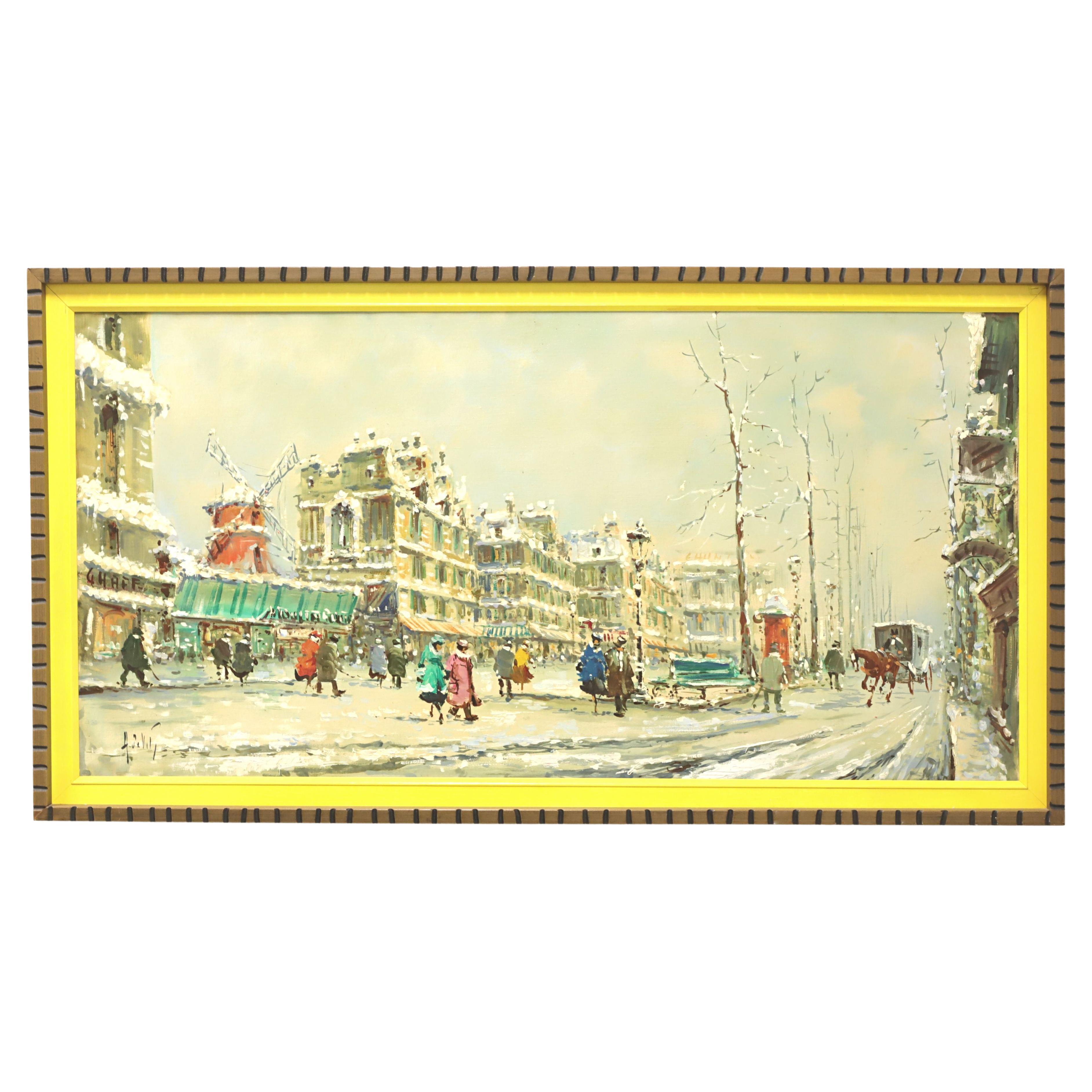 1960's Original Oil on Canvas Painting - European Snowy Street Scene - Signed