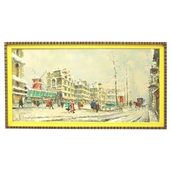 Peinture à l'huile sur toile originale des années 1960 - Scène de rue ondulée européenne - Signé