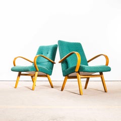 1960's Original Pair Of Armchairs - Teal With Maze Effect