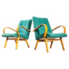 1960's Original Pair Of Armchairs - Teal With Maze Effect