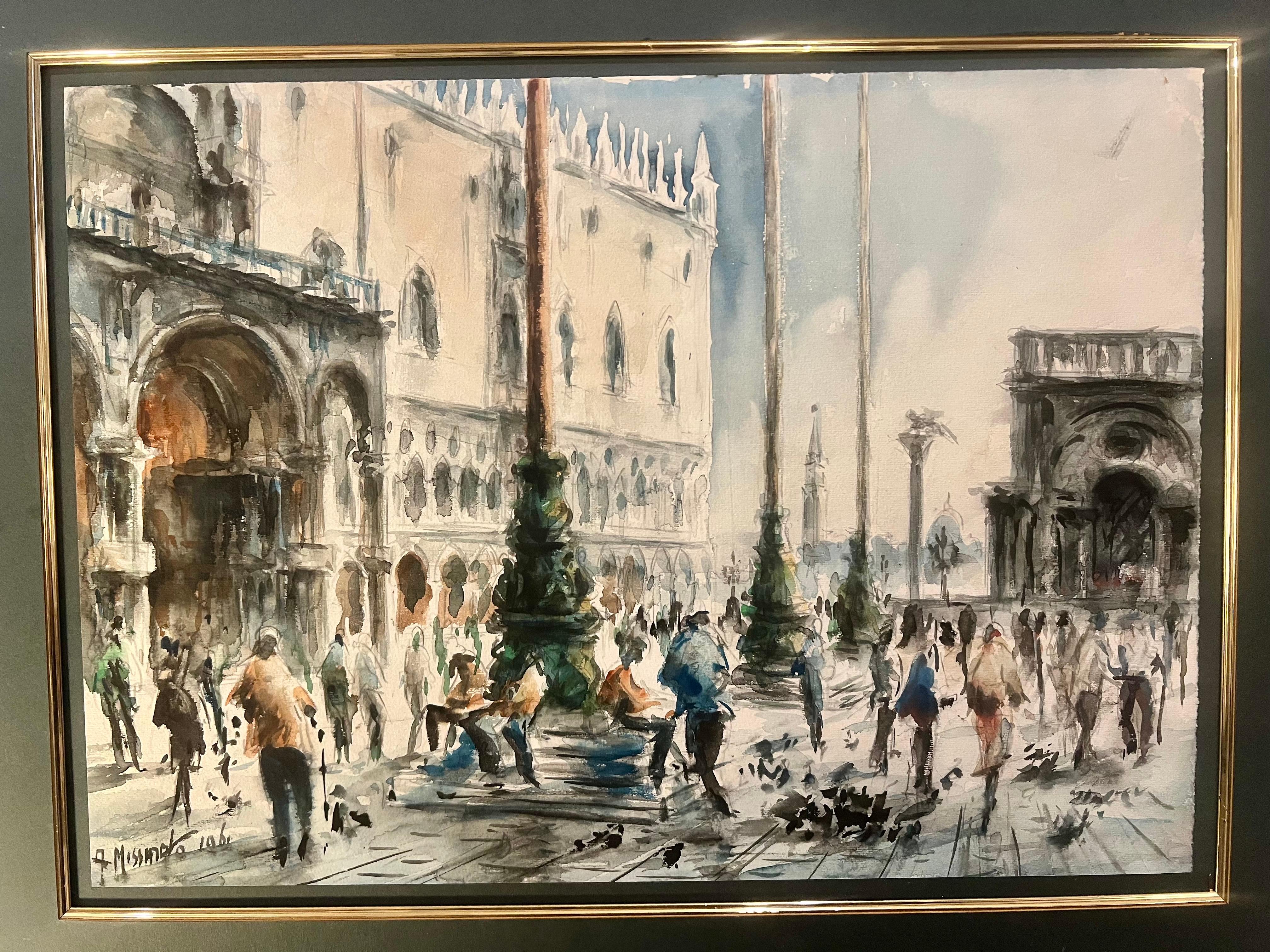 1960's Original Acuarela Firmada Paisaje urbano de Venecia Italia Italiano en venta