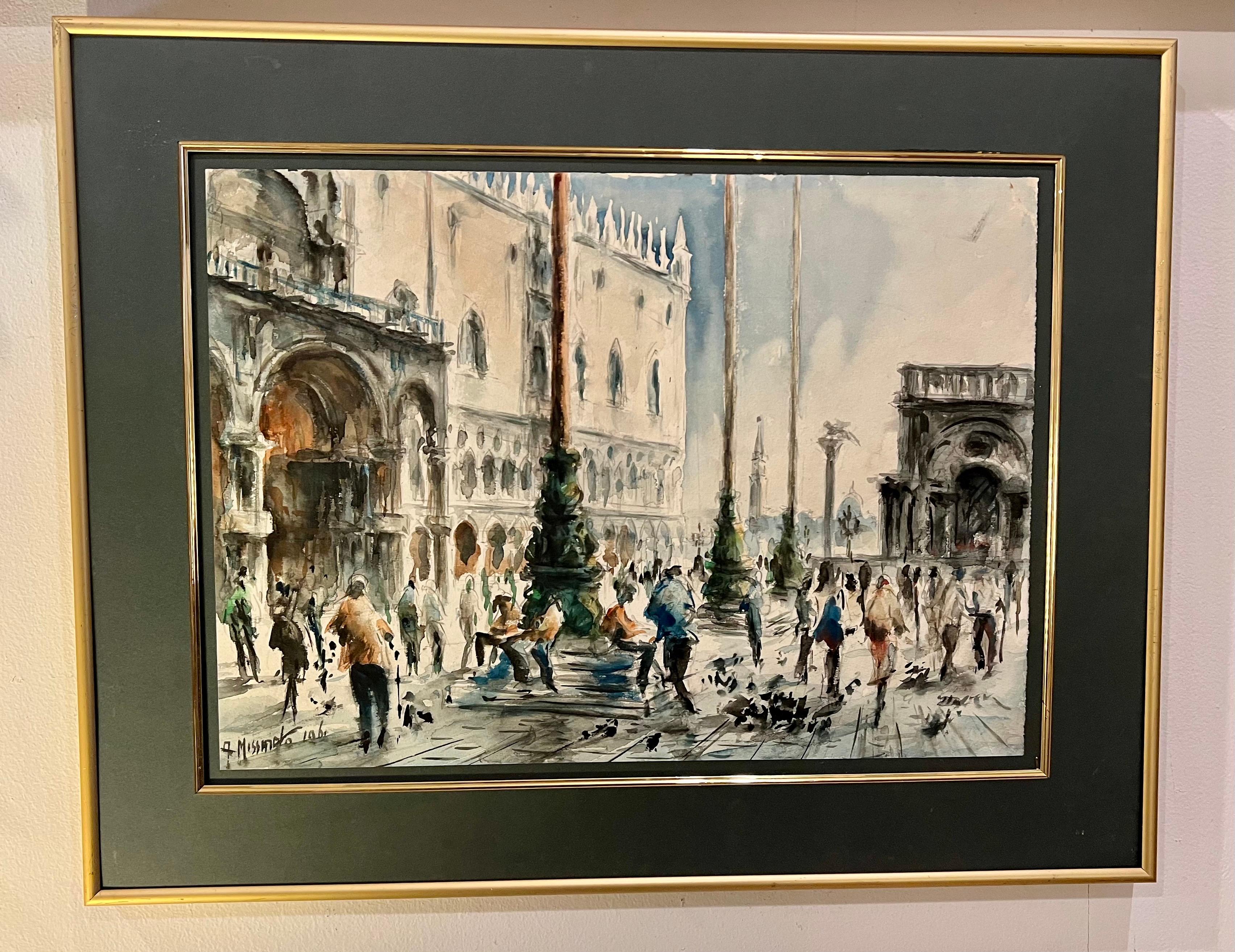 1960's Original Acuarela Firmada Paisaje urbano de Venecia Italia en Excelente estado para la venta en San Diego, CA