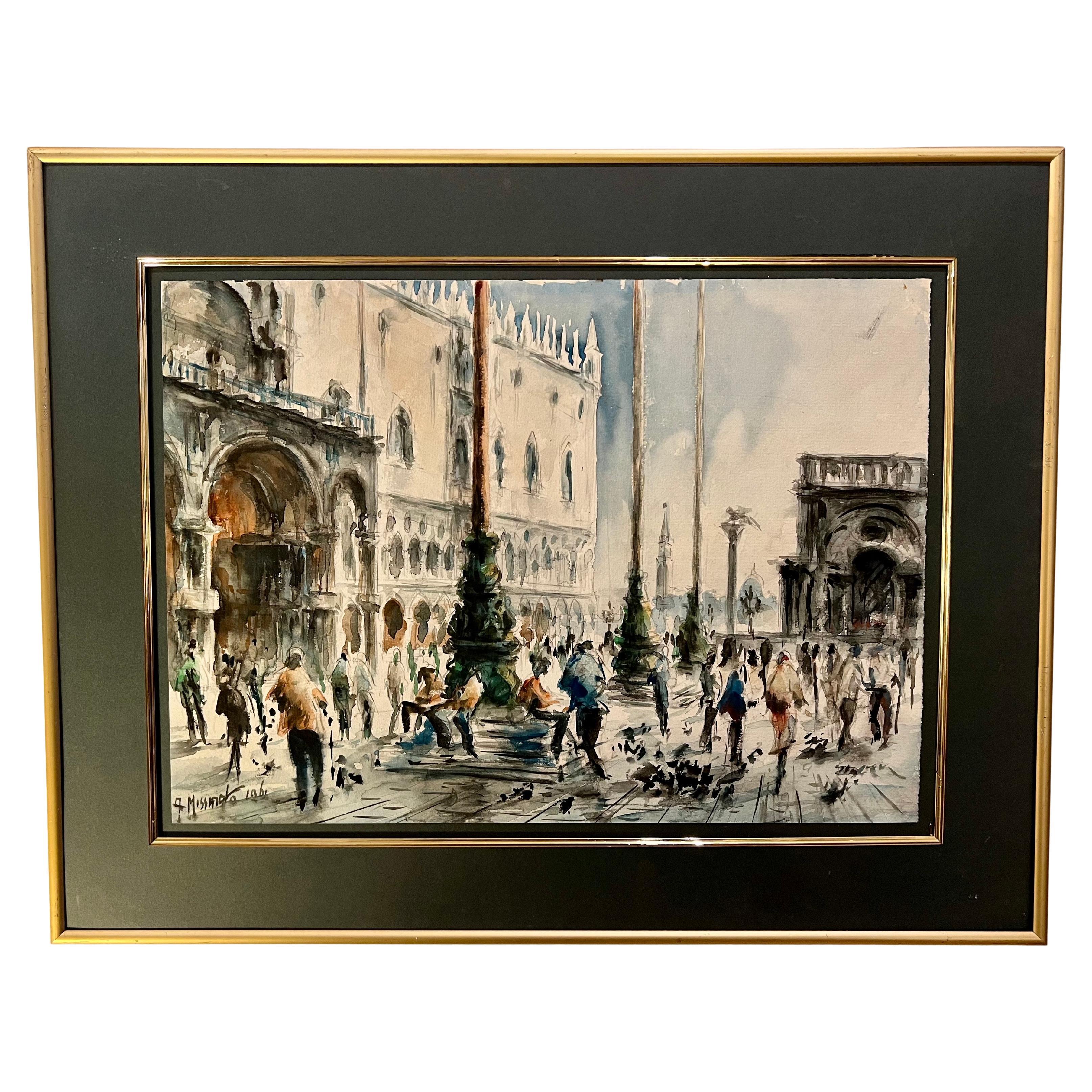 1960's Original Signed Watercolor Cityscape of Venice Italy